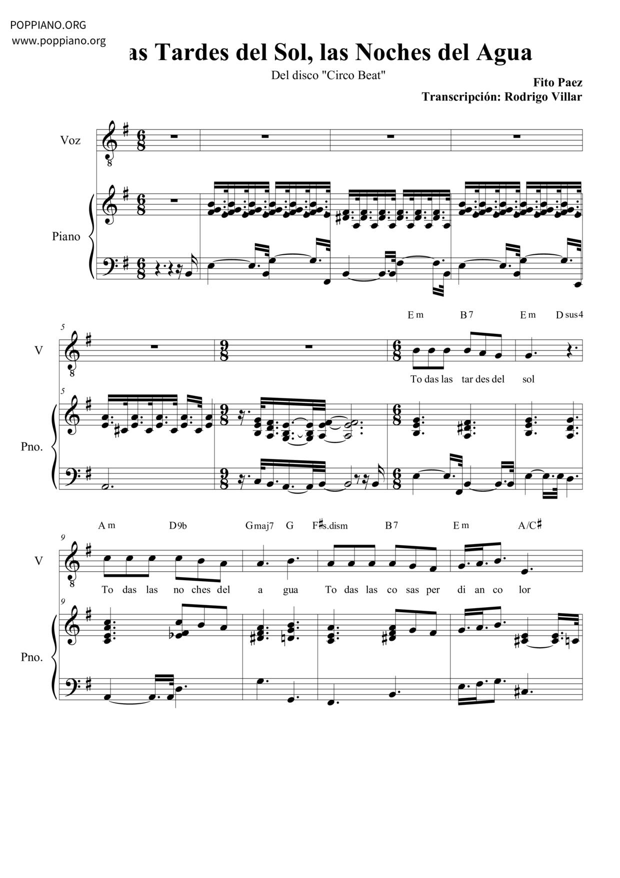Las Tardes Del Sol, Las Noches Del Agua Score