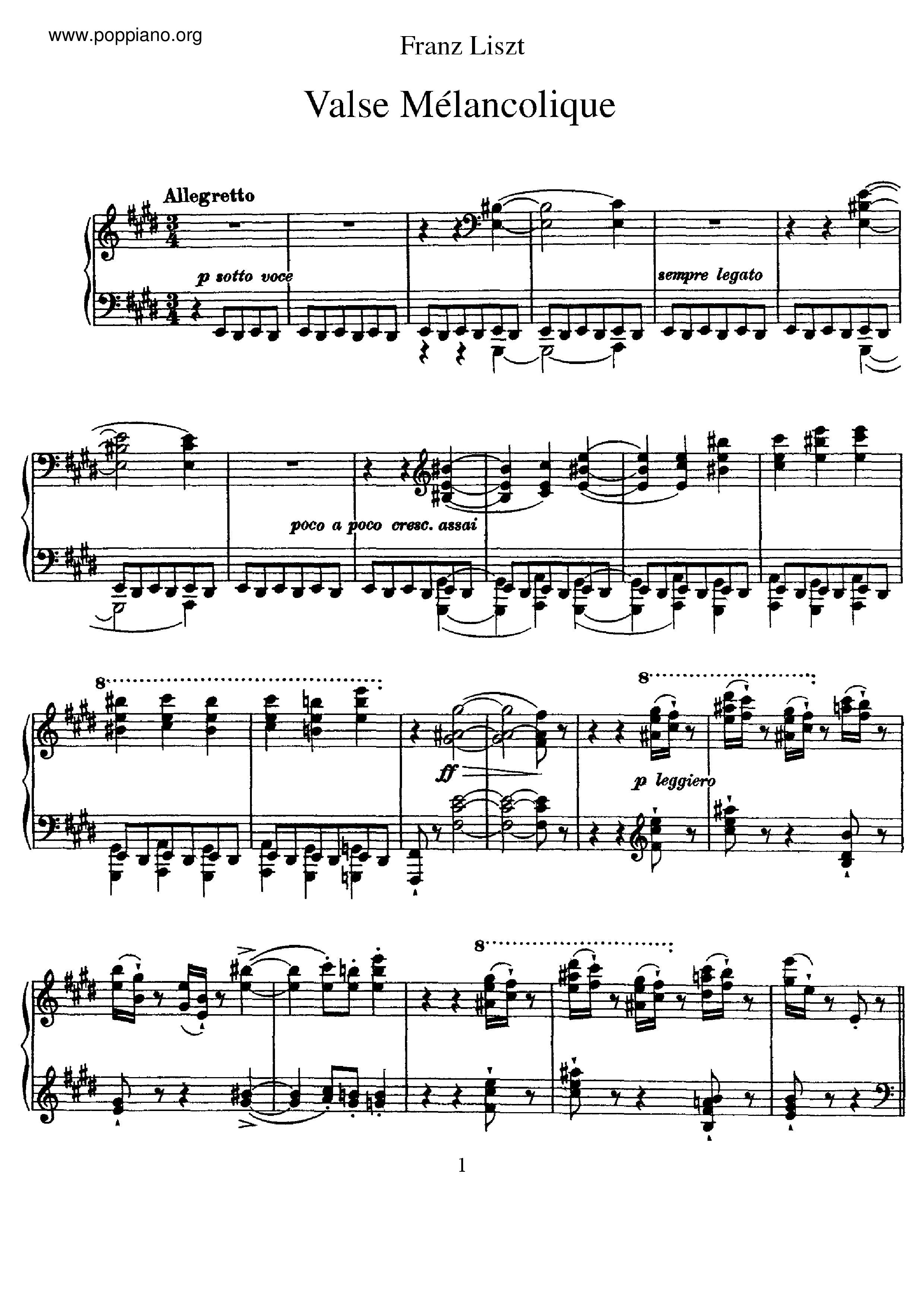 Valse melancolique, S.210 Score