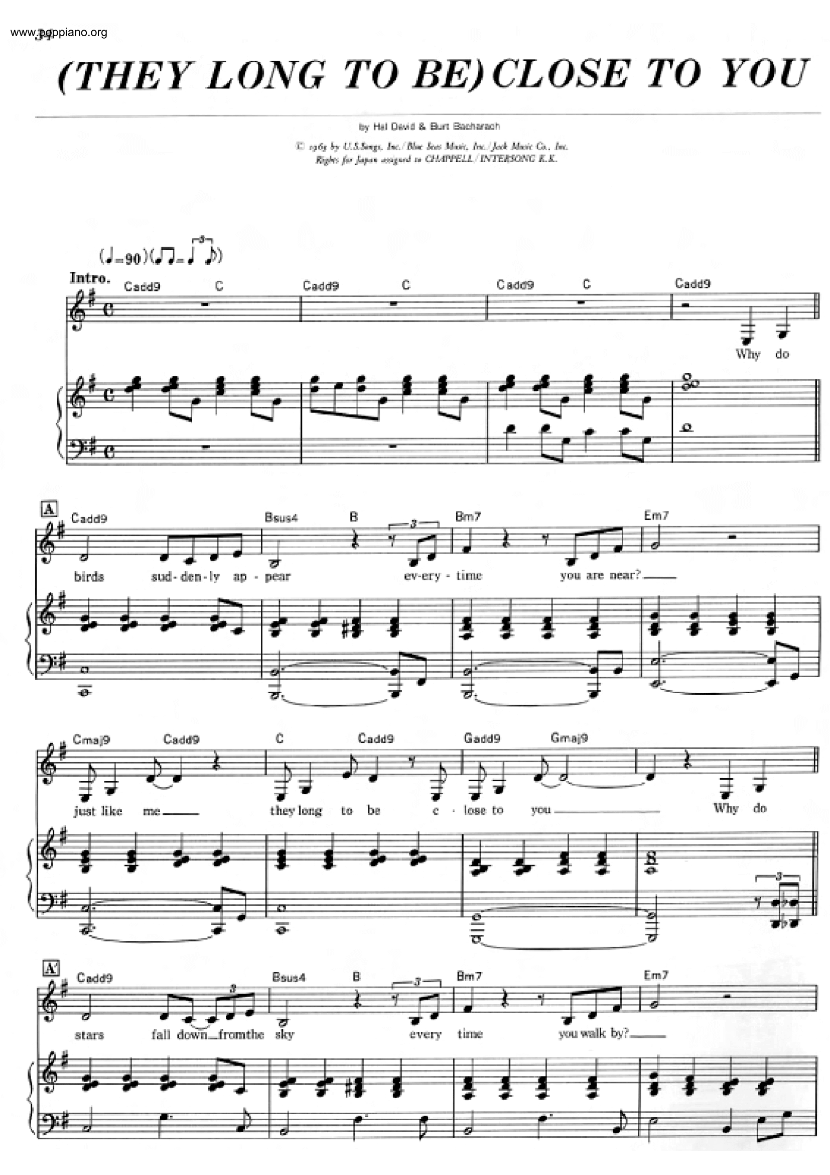 Close To You (They Long To Be) Score