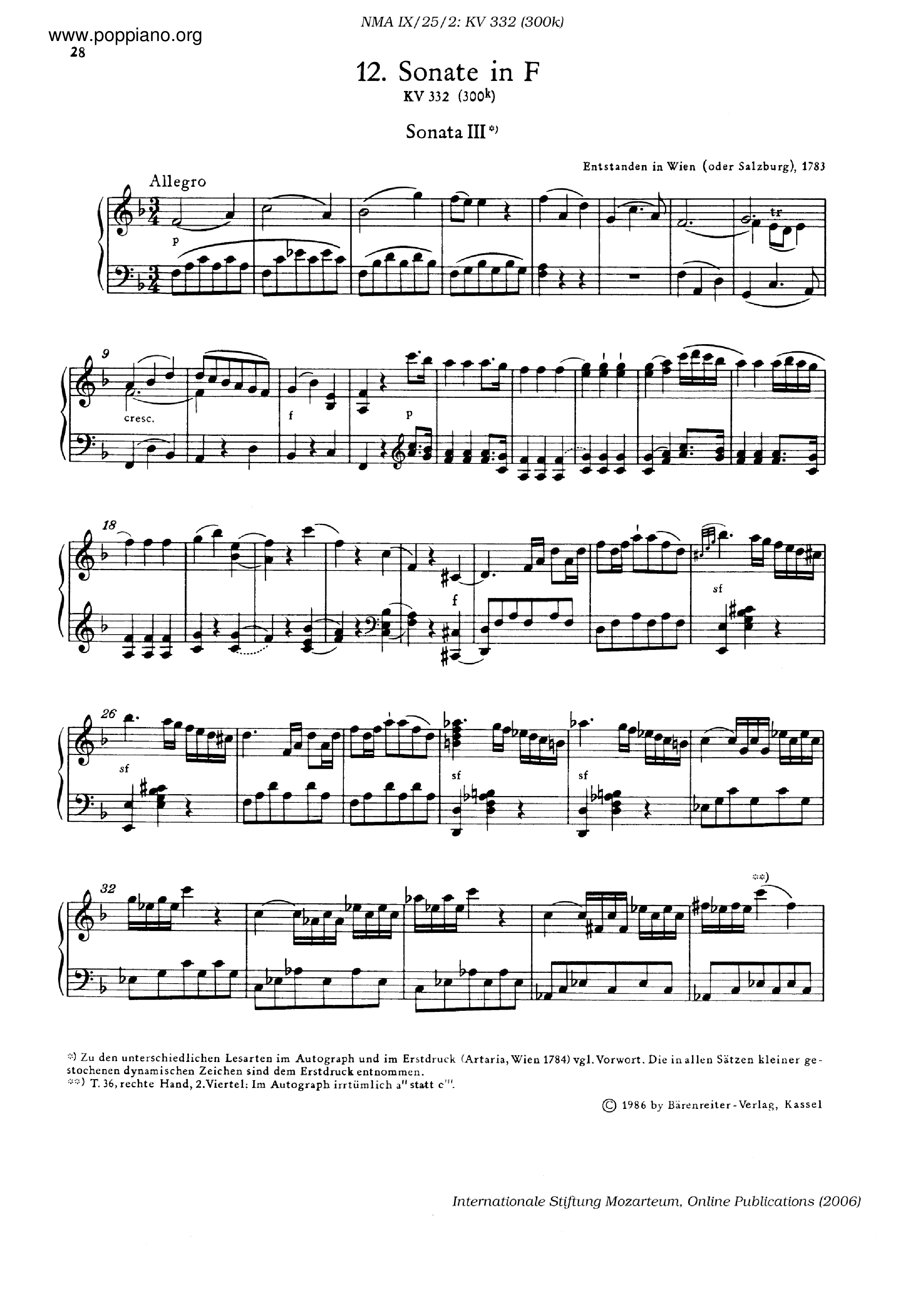 Piano Sonata In F Major, K. 332 Score