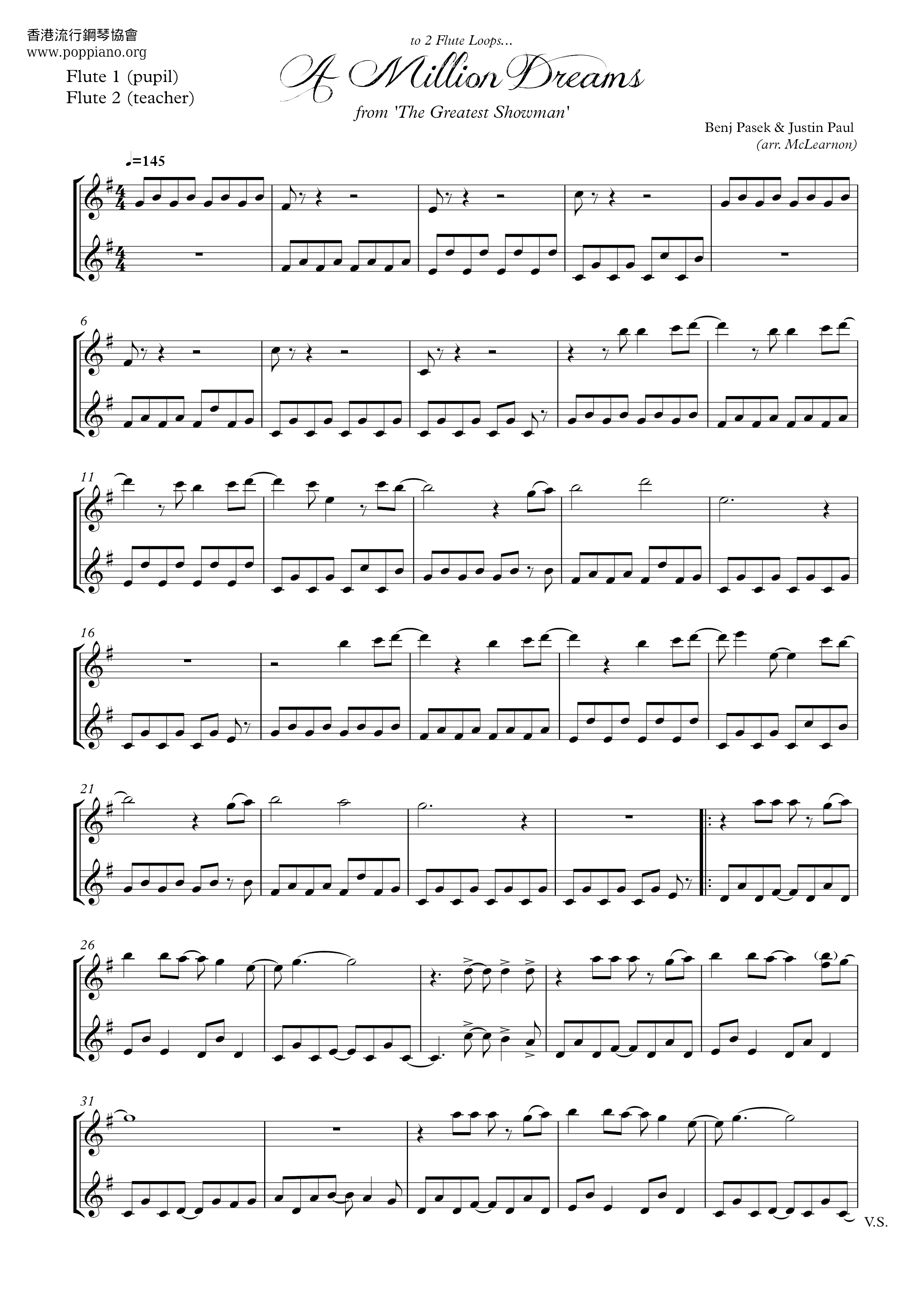 The Greatest Showman 大娛樂家A Million Dreams Double Flute Sheet Music pdf