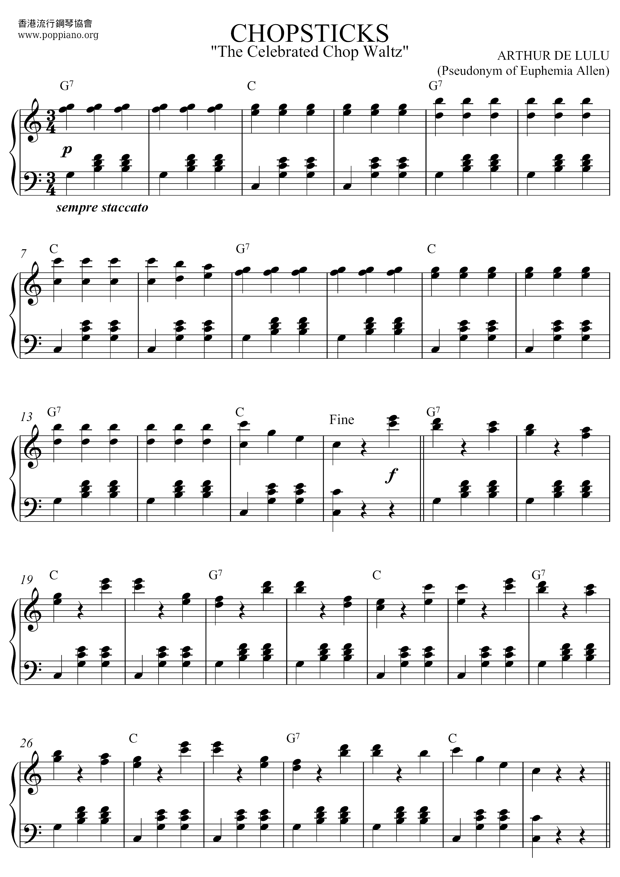 The Celebrated Chop Waltz (Chopsticks) Score