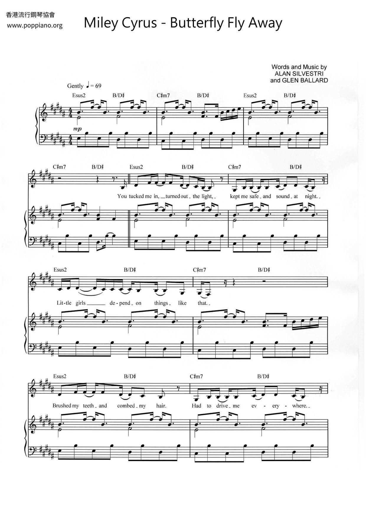Miley CyrusButterfly Fly Away Sheet Music pdf, Free Score Download ★