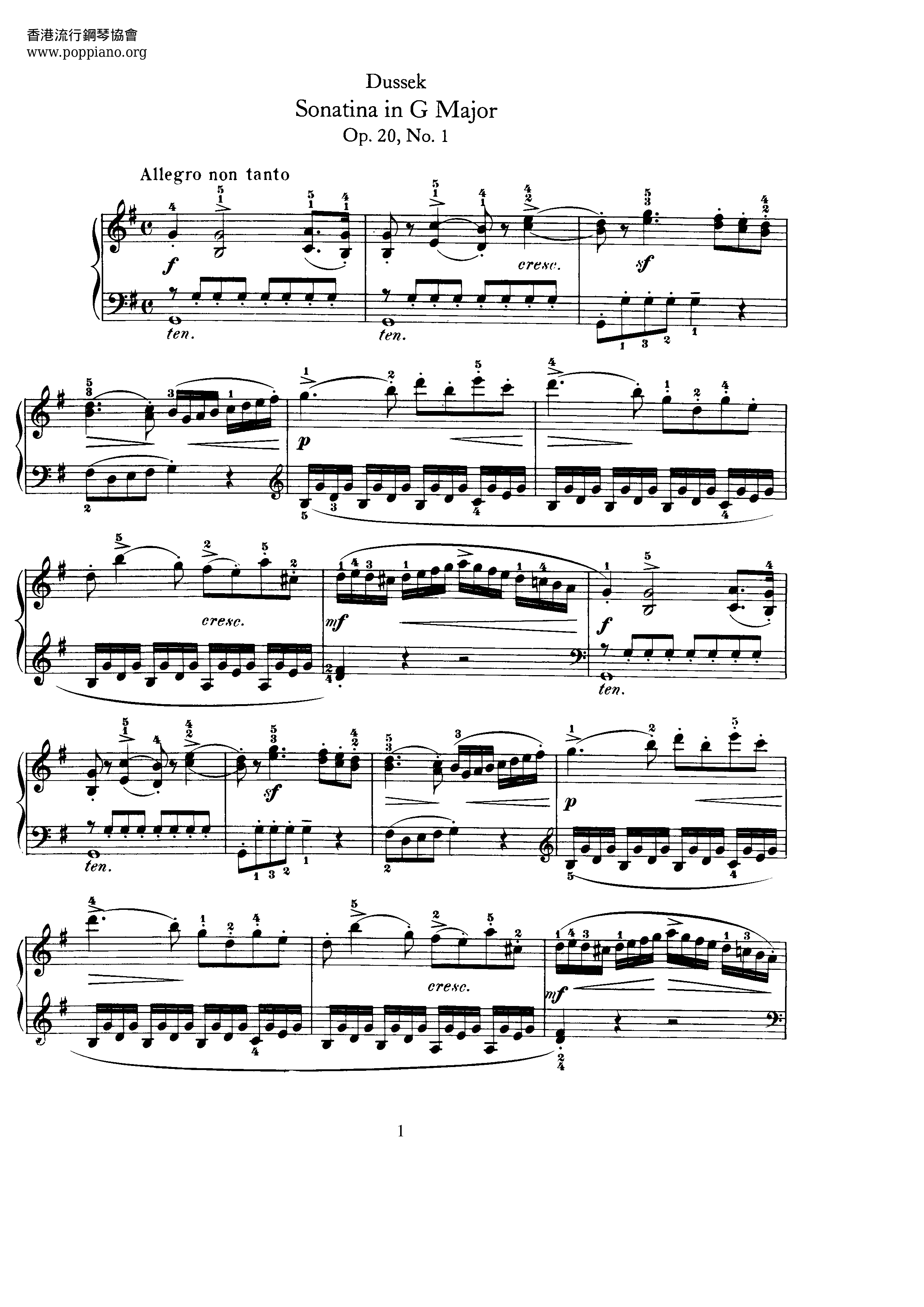 Sonatina In G Major Op.20 No.1 Score
