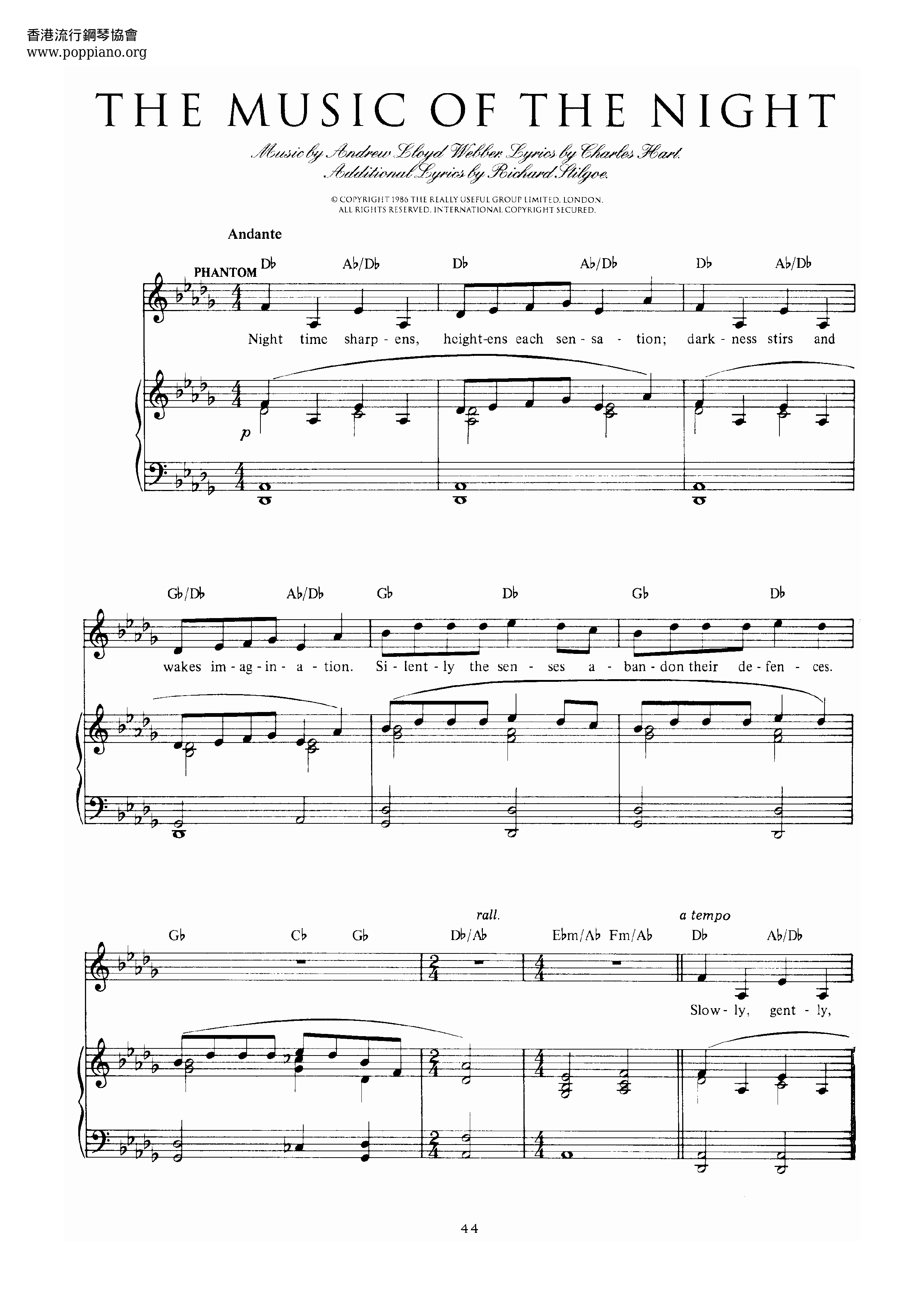 The Phantom Of The Opera-Music Of The Night Score