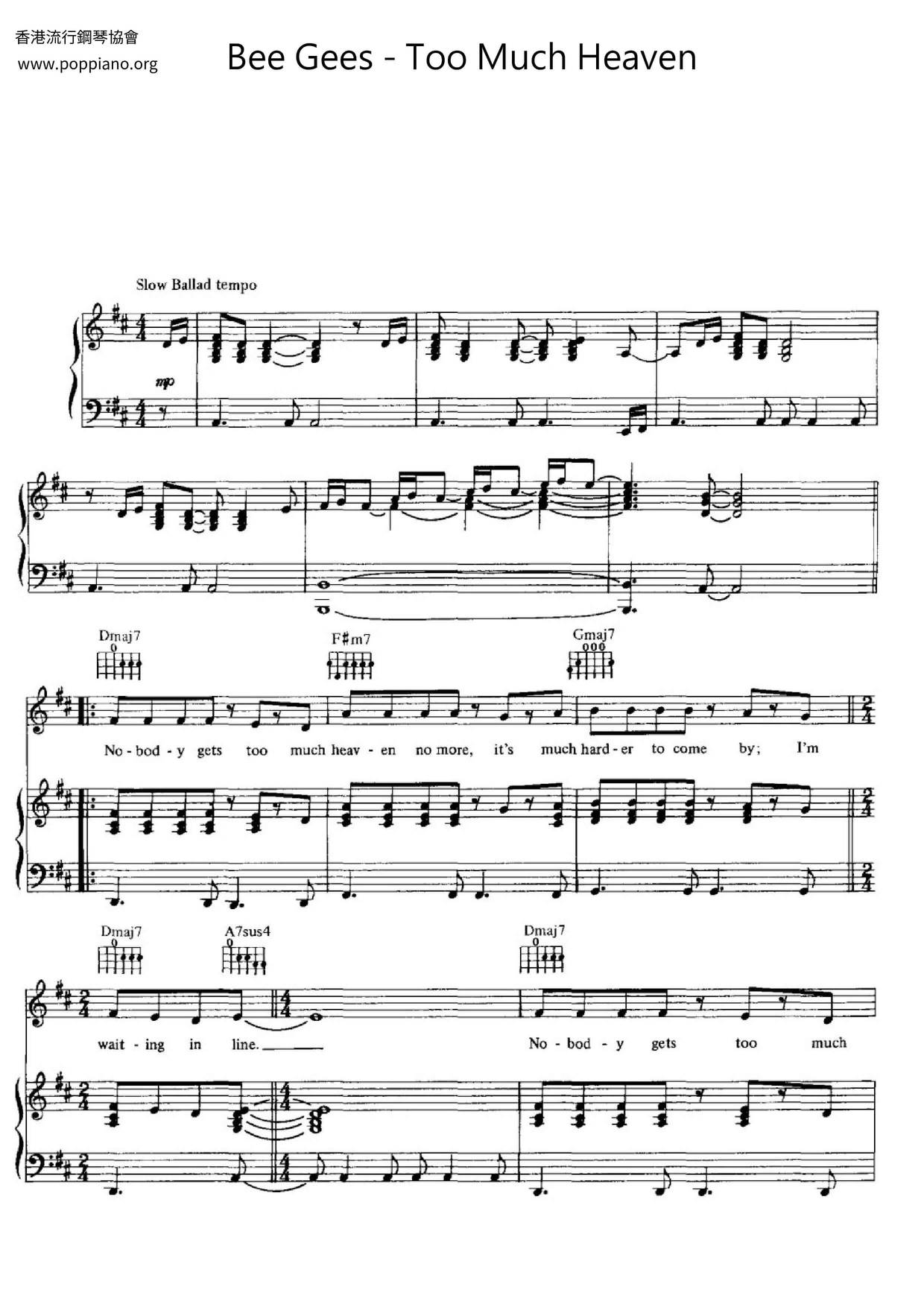 Bee GeesToo Much Heaven Sheet Music pdf, Free Score Download ★