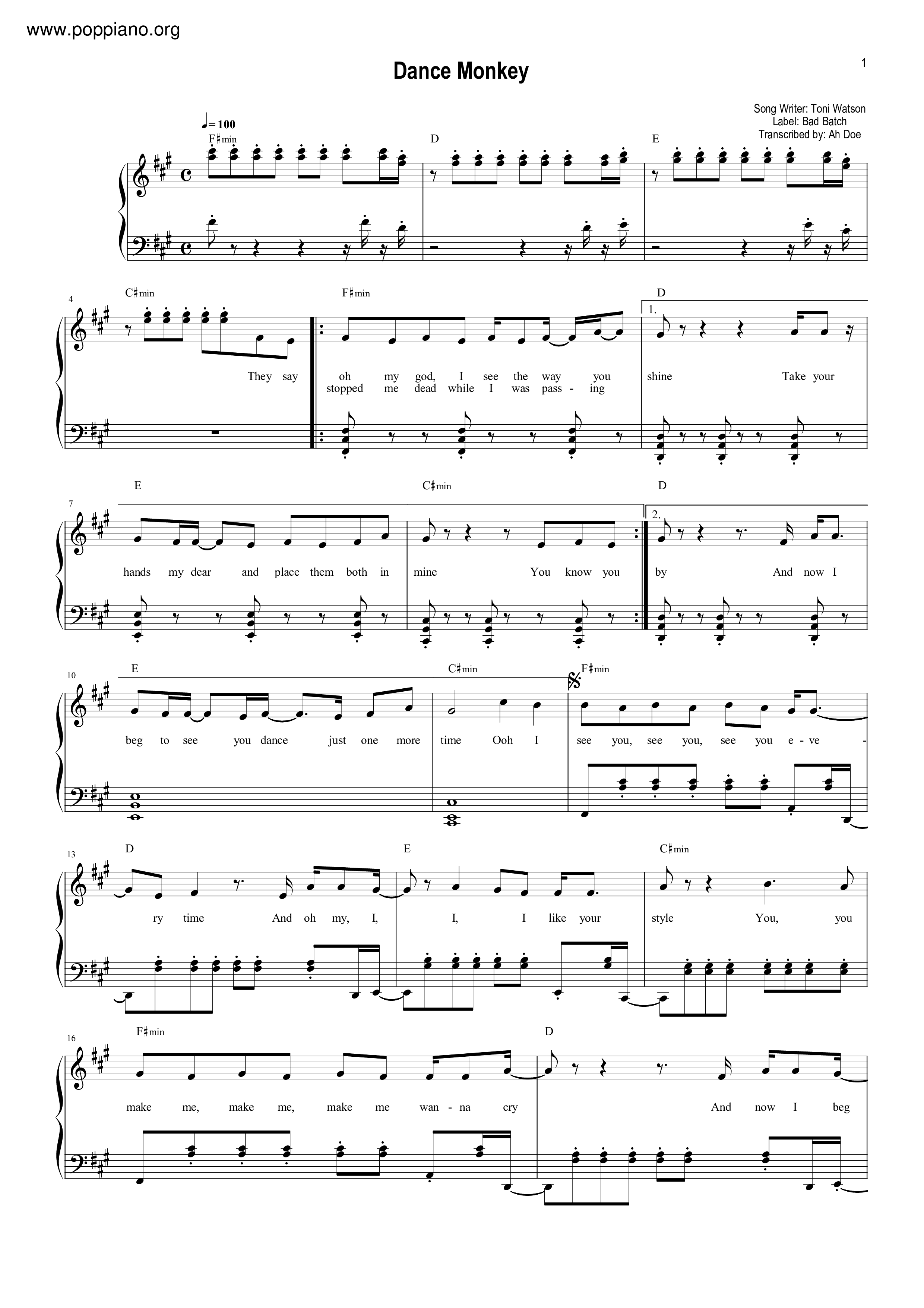 Dance Monkey Score