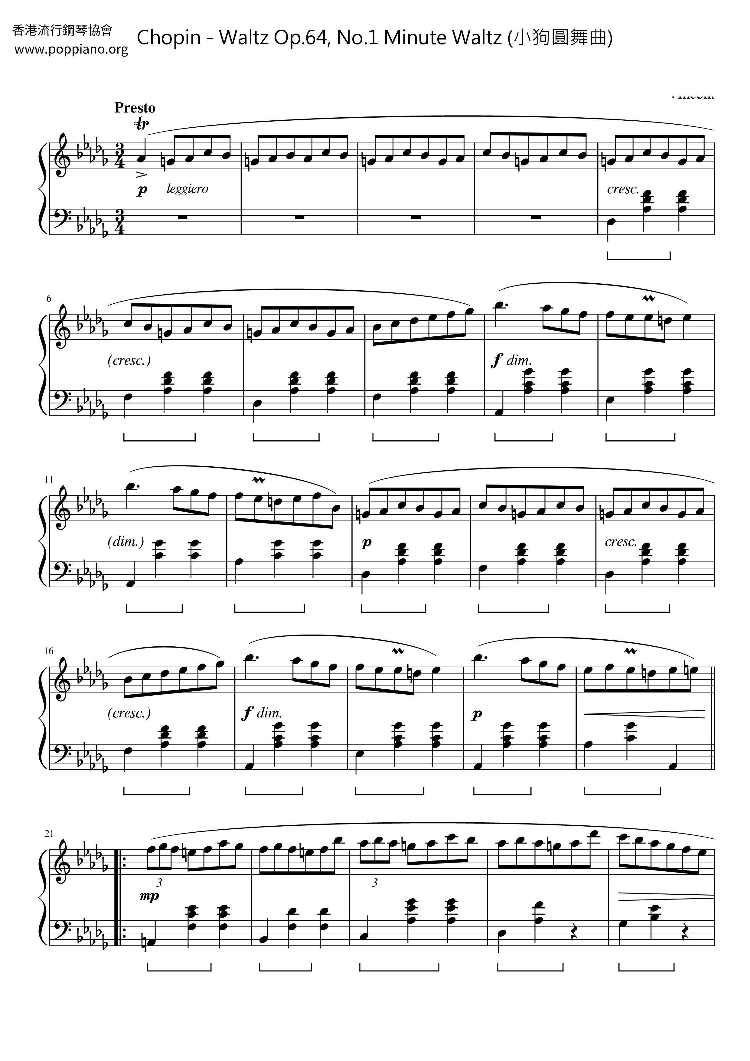 Waltz Op. 64, No. 1 Minute Waltz (小狗圓舞曲) Score