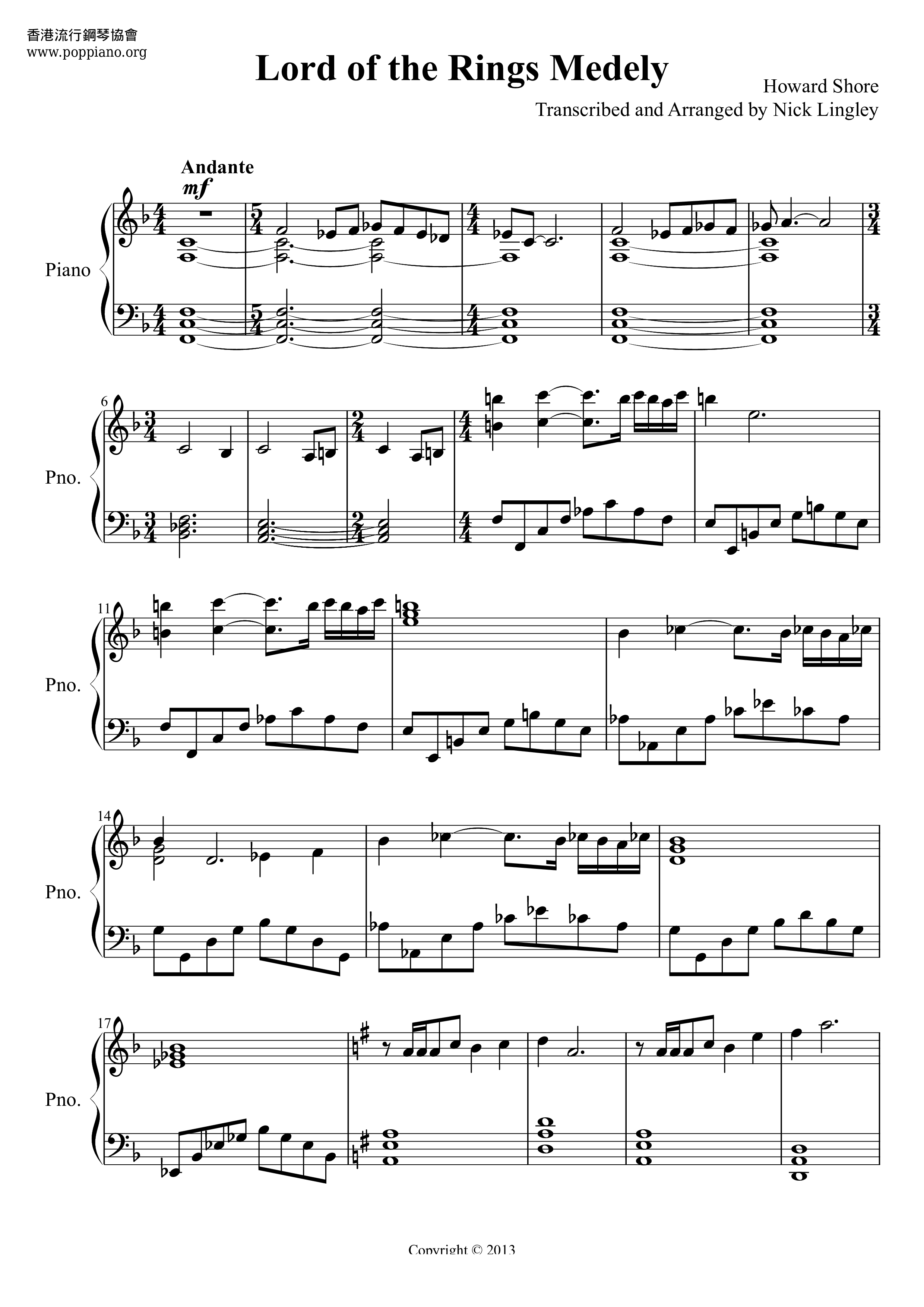 The Lord Of The Rings Medley Score