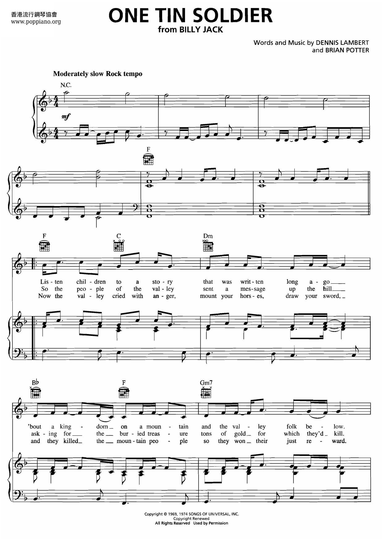 One Tin Soldier Score