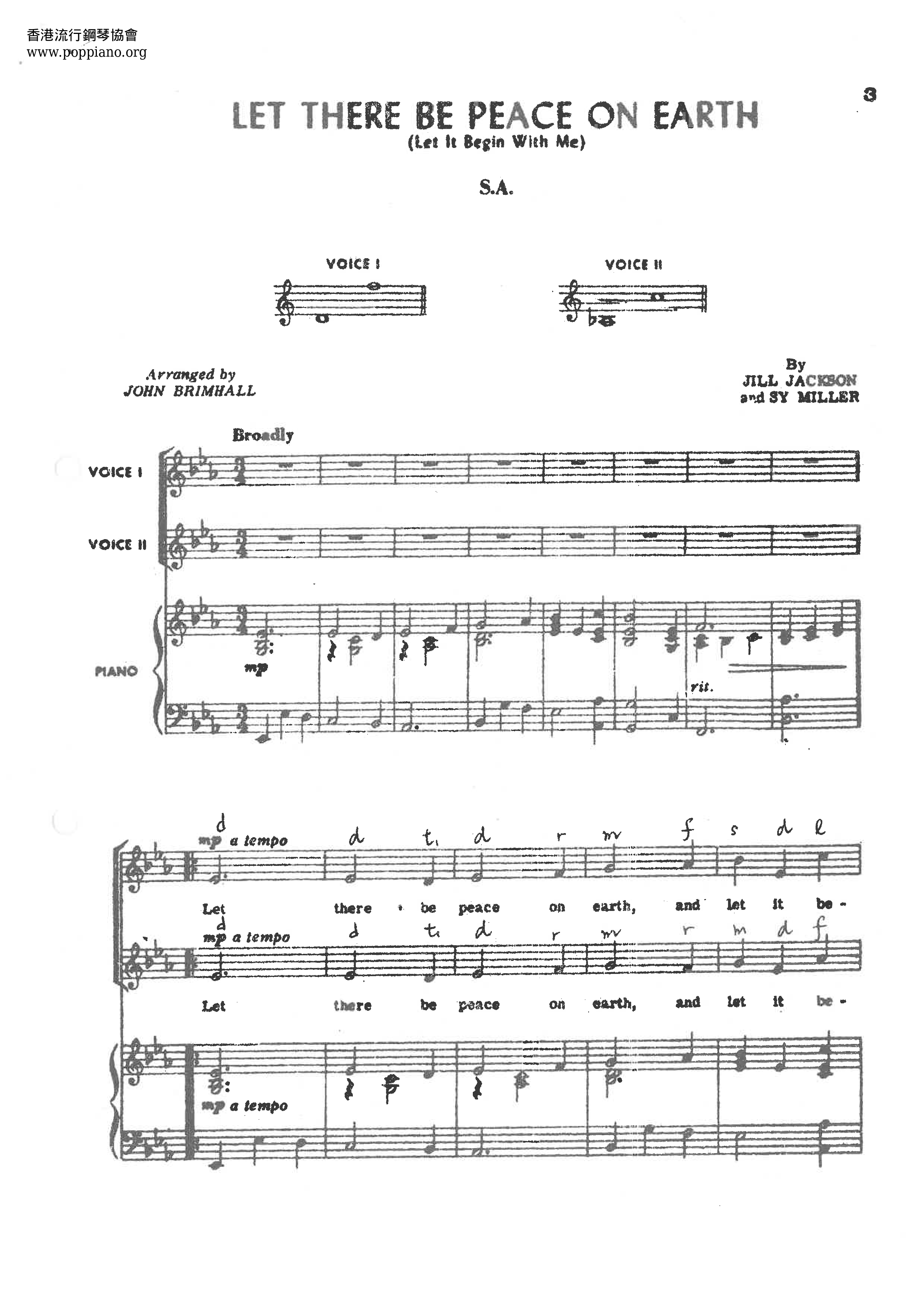 Let There Be Peace On Earth Score