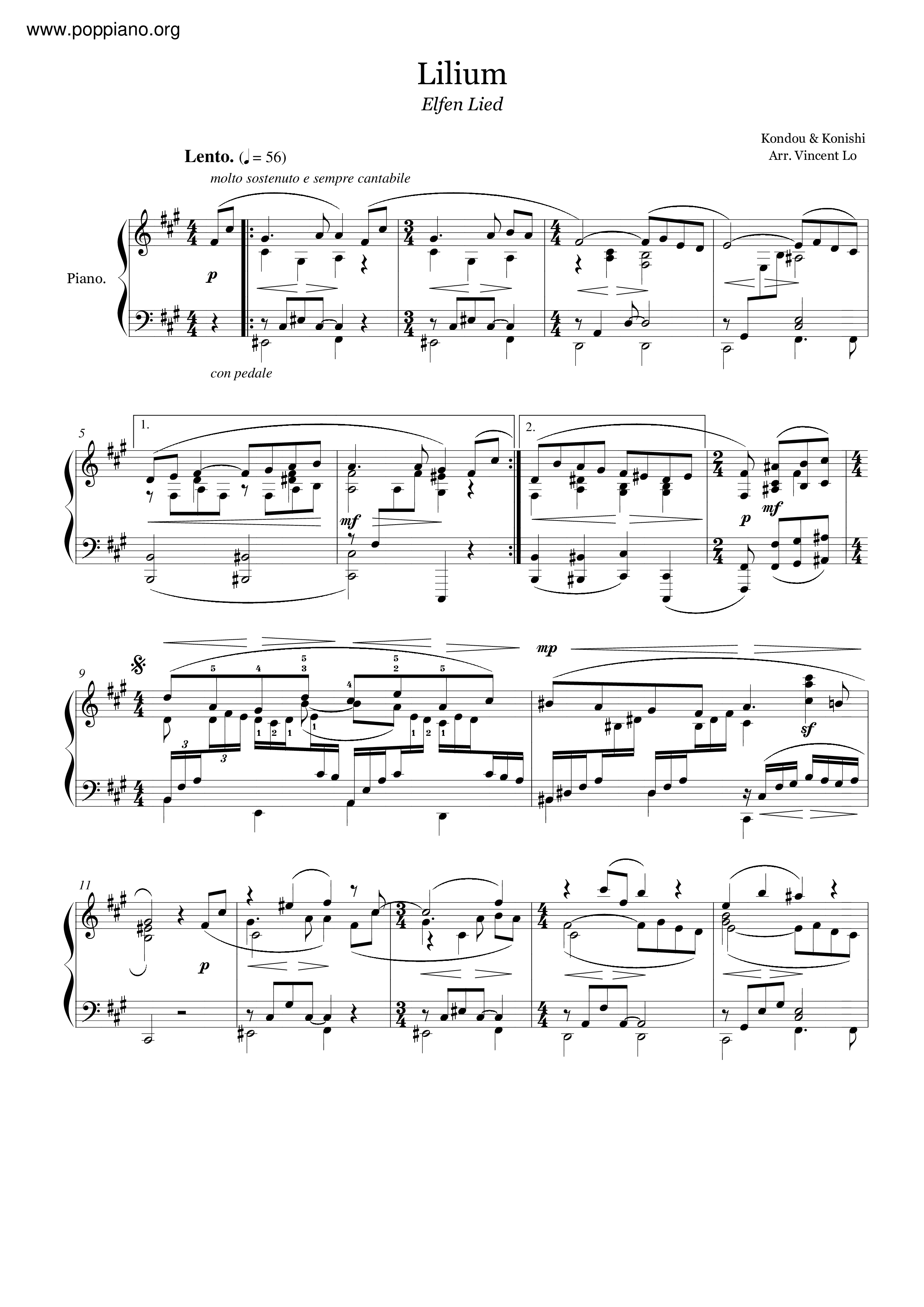 ★ 妖精的旋律Elfen Lied Lilium Sheet Music pdf, Free Score Download