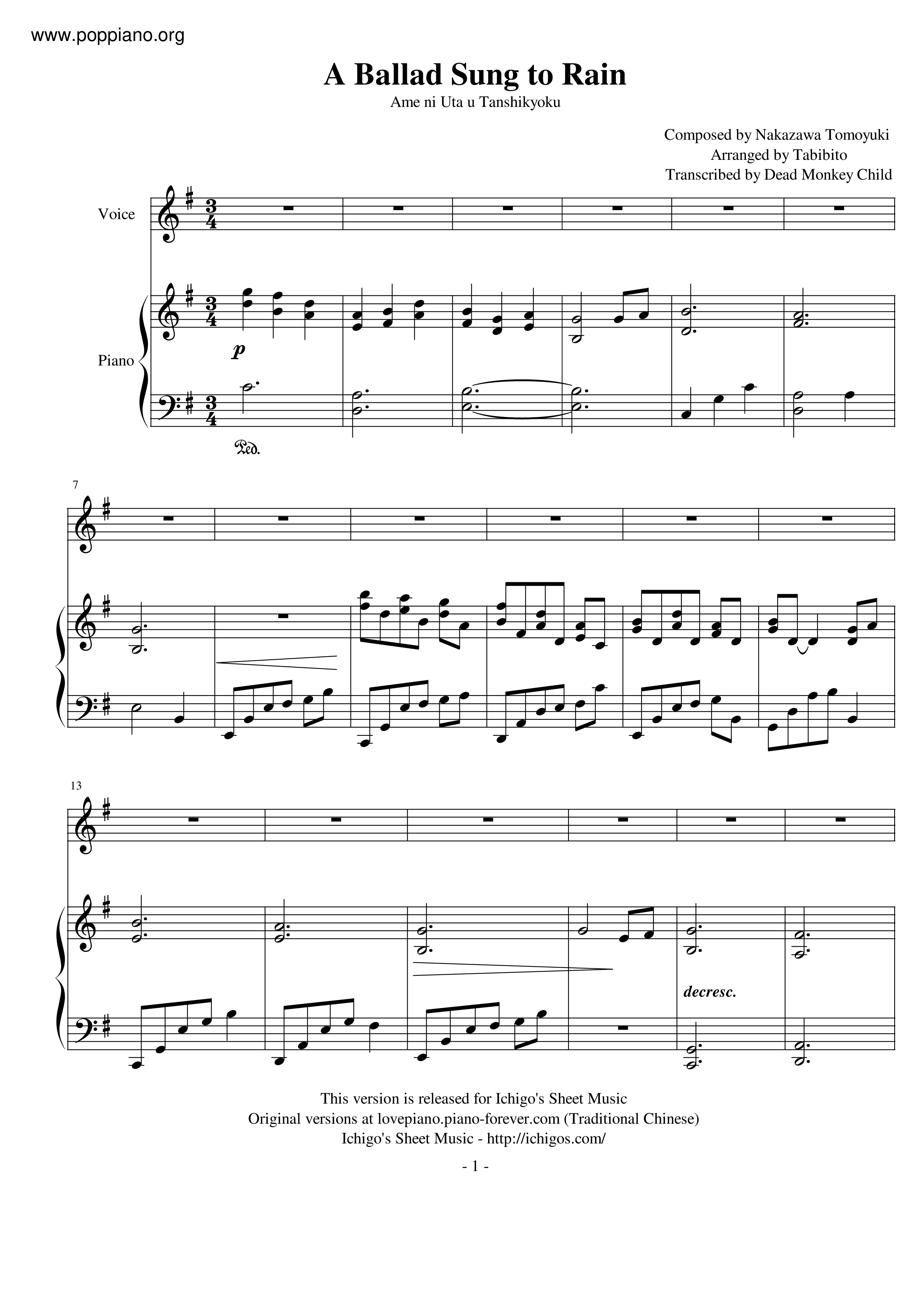 A Ballad Sung To Rain Score