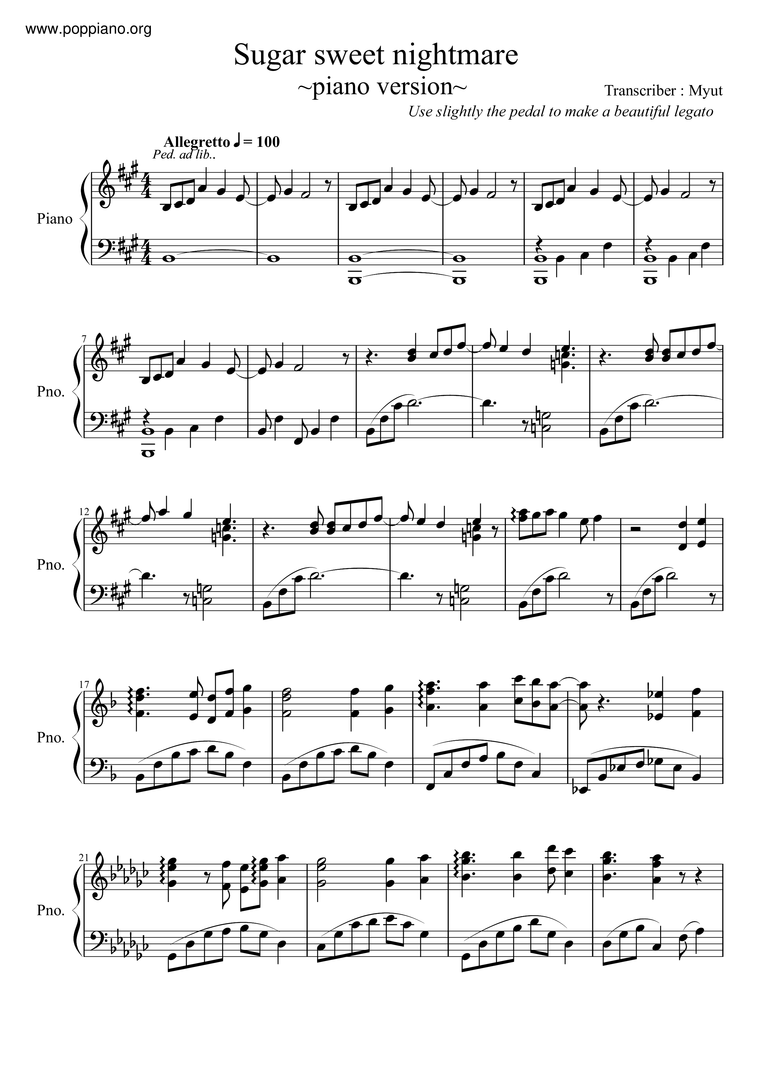 Sugar Sweet Nightmare~Piano Version~ Score