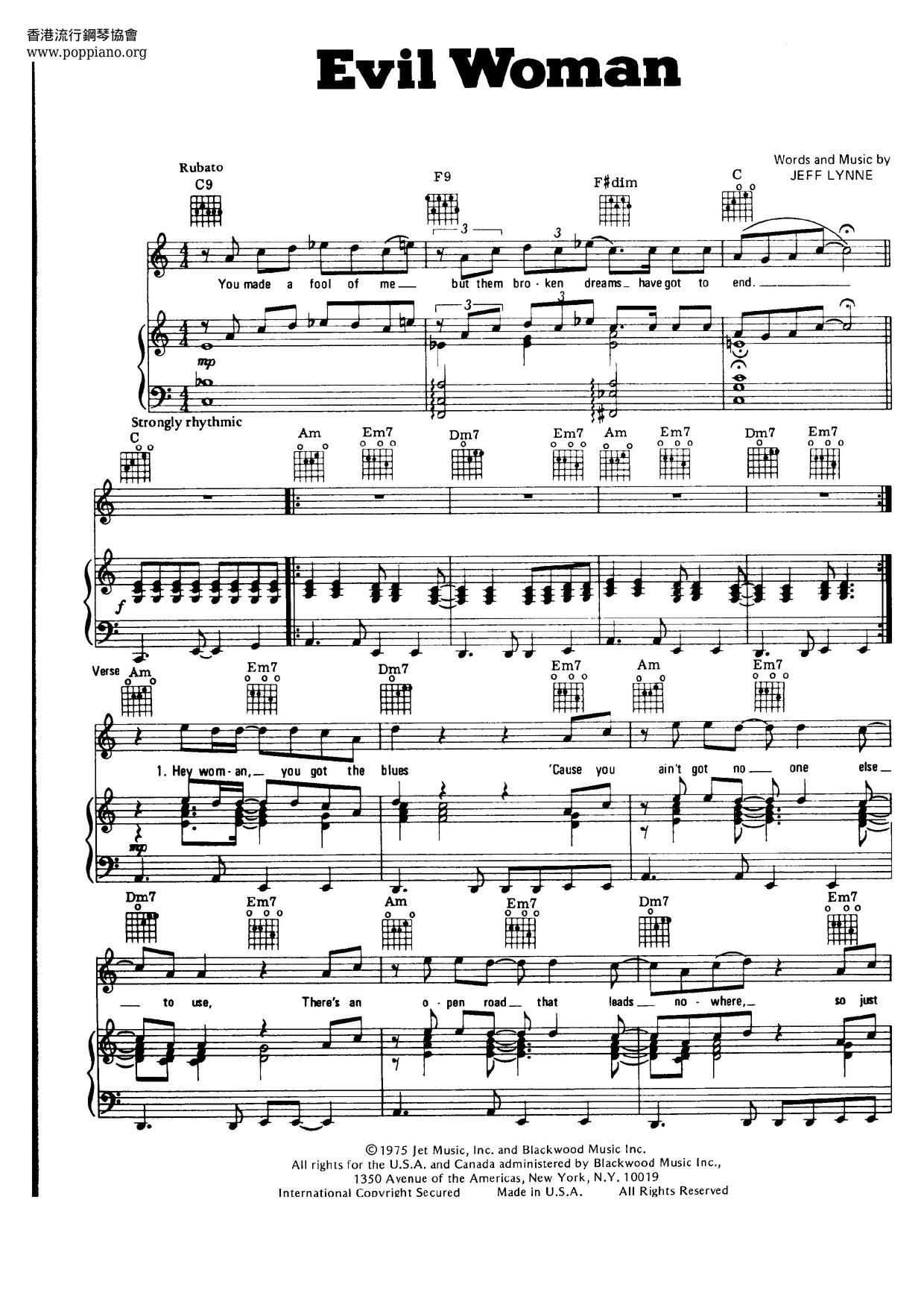 Electric Light OrchestraEvil Woman Sheet Music pdf, Free Score