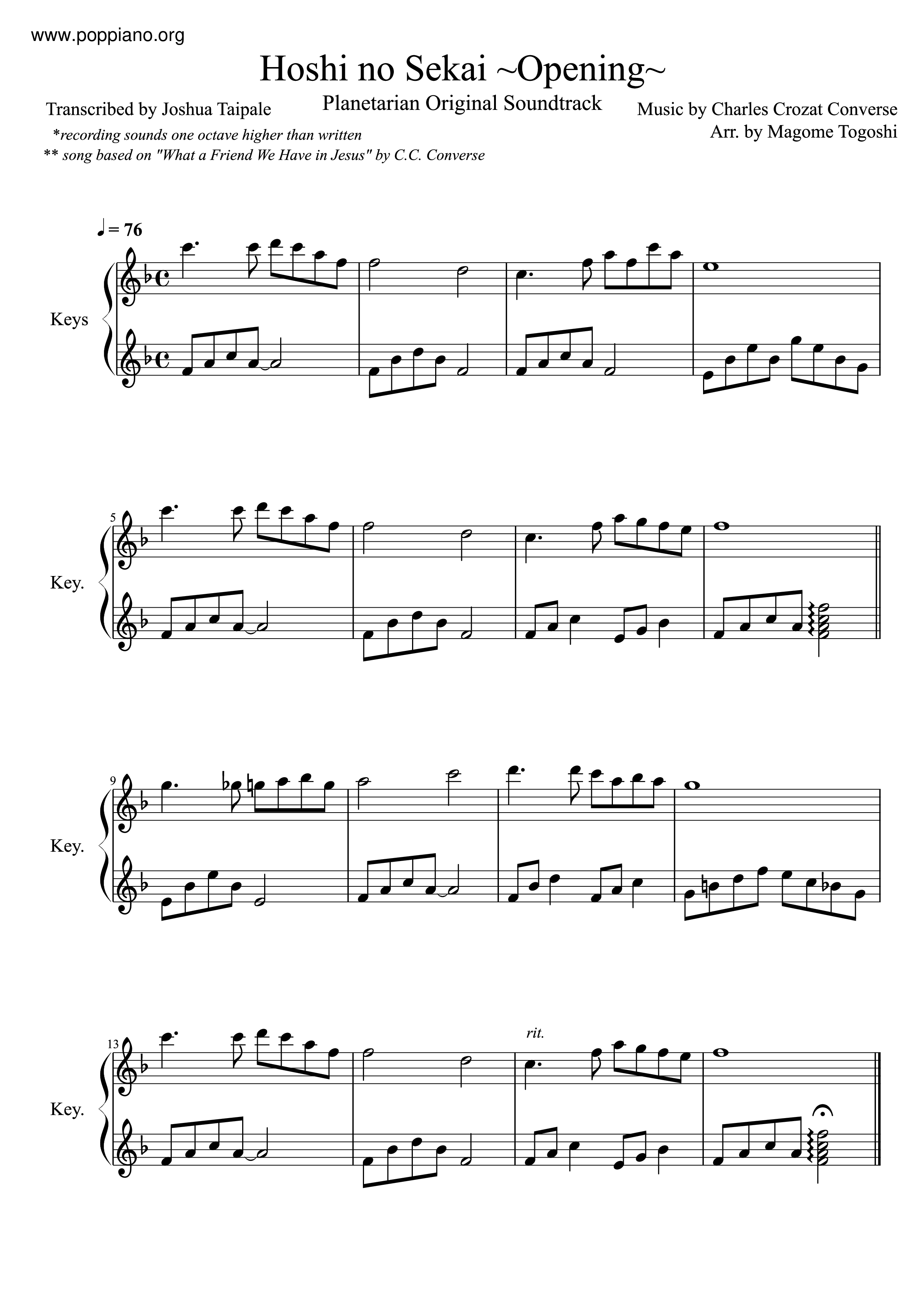 Hoshi No Sekai ~Opening~ Score