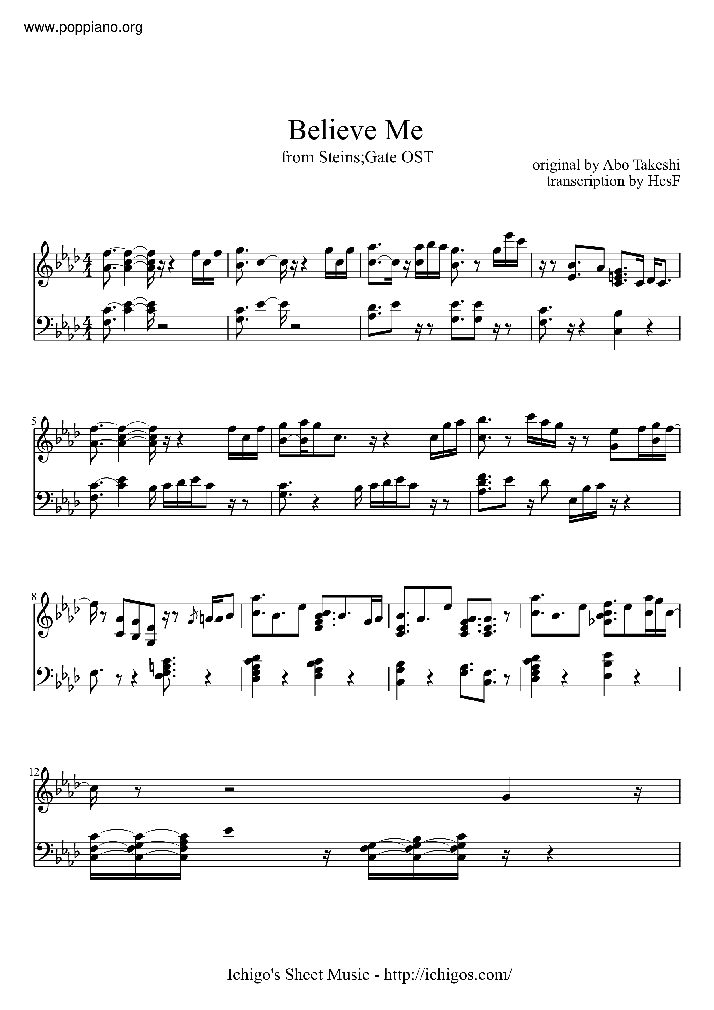 Steins;GateBelieve Me Sheet Music pdf, Free Score Download ★