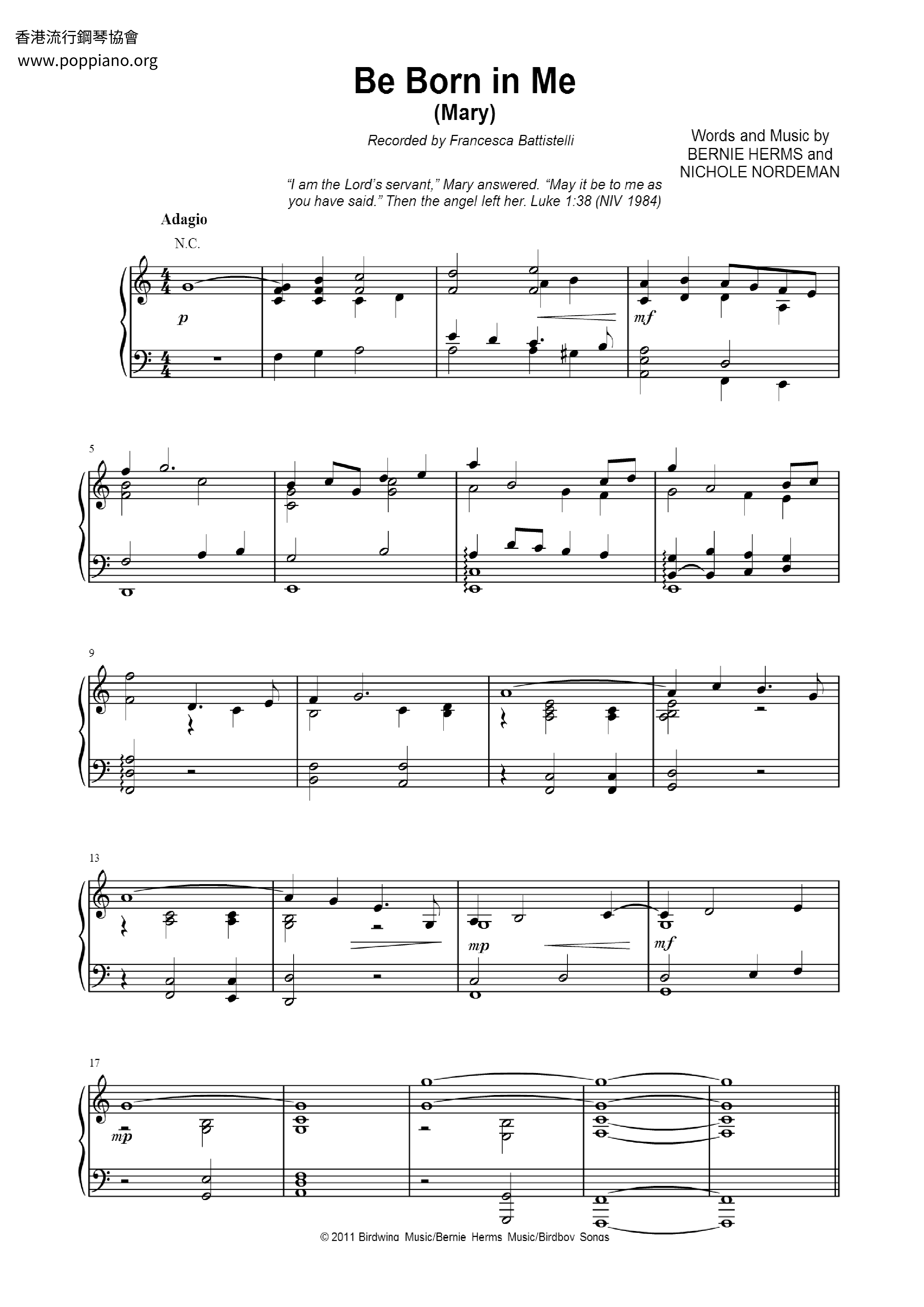Be Born In Me Score