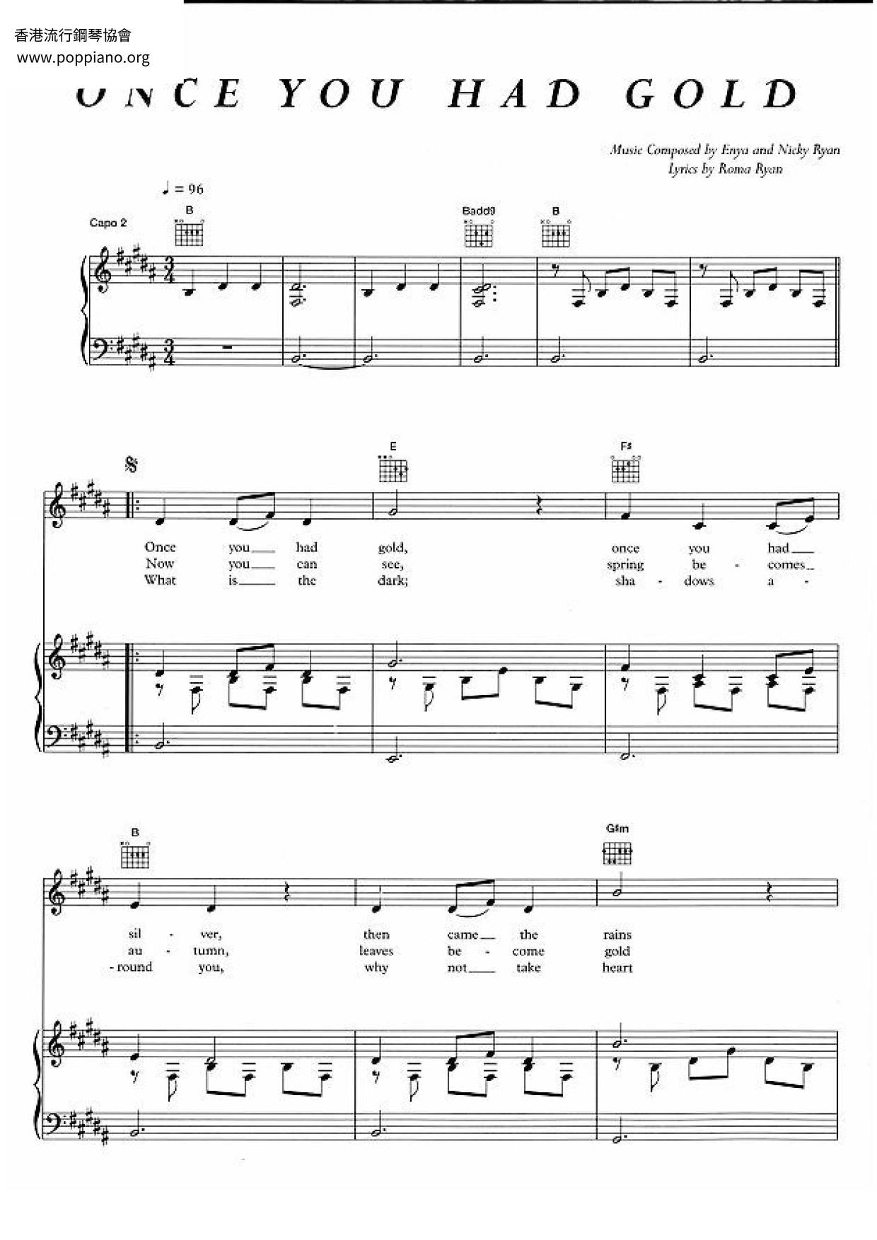 EnyaOnce You Had Gold Sheet Music pdf, Free Score Download ★