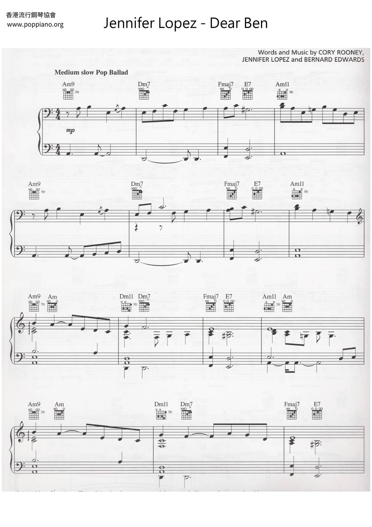 Jennifer LopezDear Ben Sheet Music pdf, Free Score Download ★