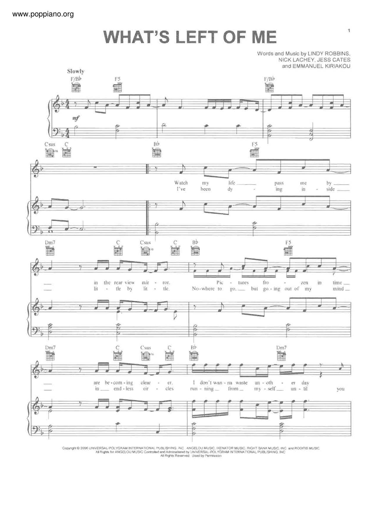 Nick LacheyWhat's Left Of Me Sheet Music pdf, Free Score Download ★