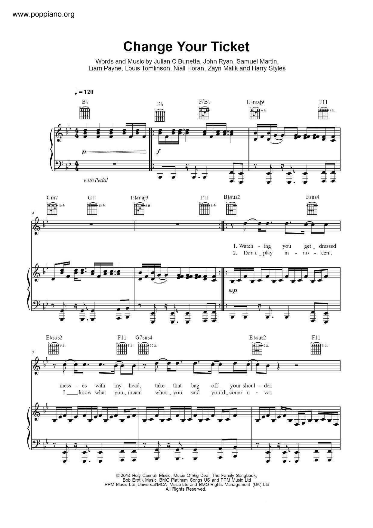 One Direction-Change Your Ticket Sheet Music Pdf, - Free Score Download