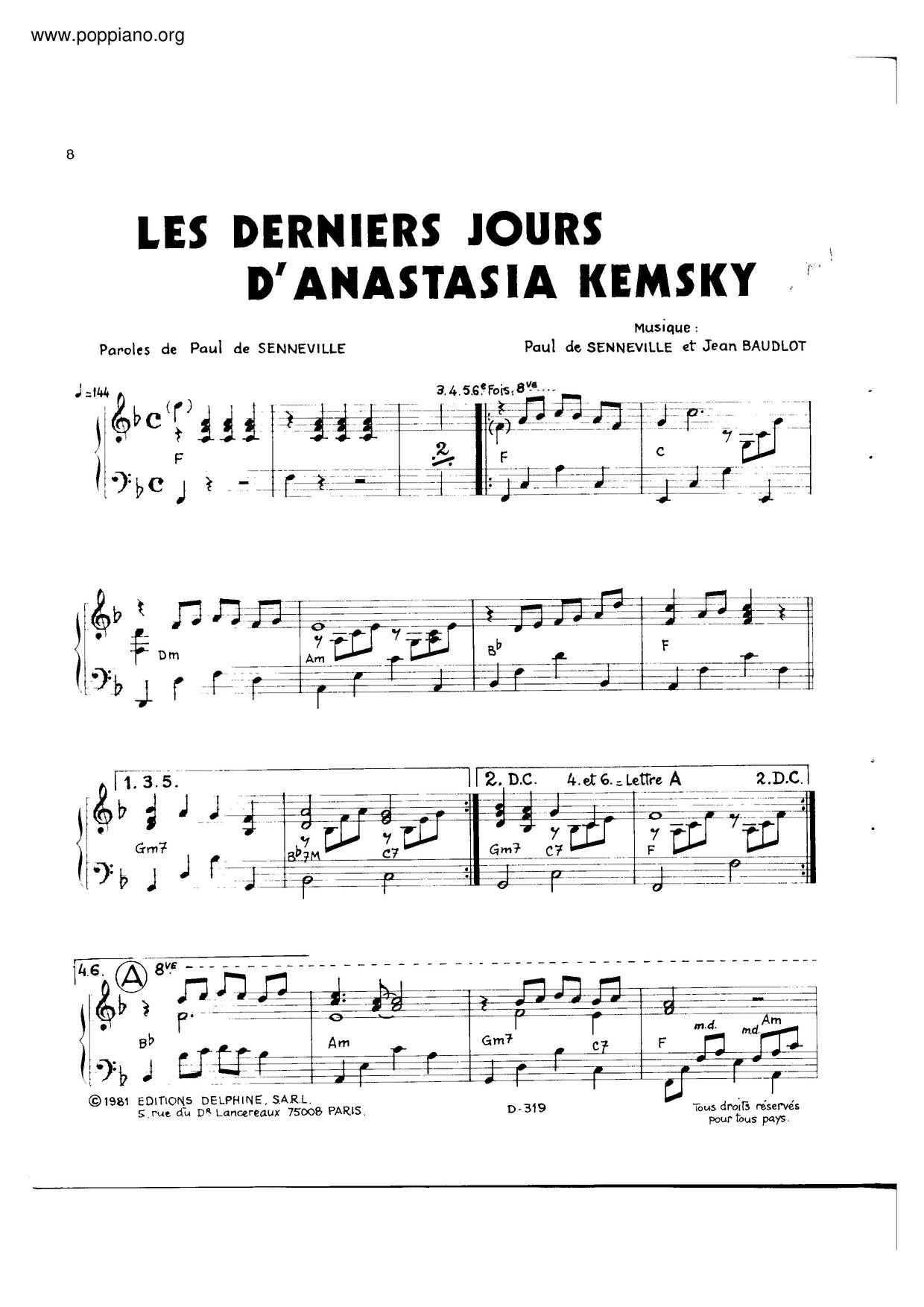 Les Derniers Jours D'Anastasia Kemsky Score