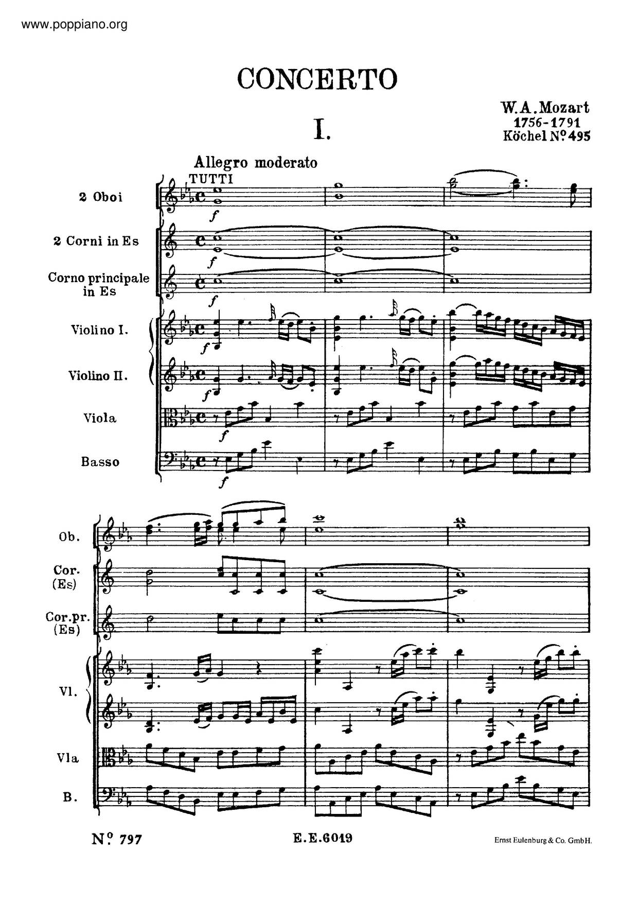 Horn Concerto In E-Flat Major, K. 495 Score