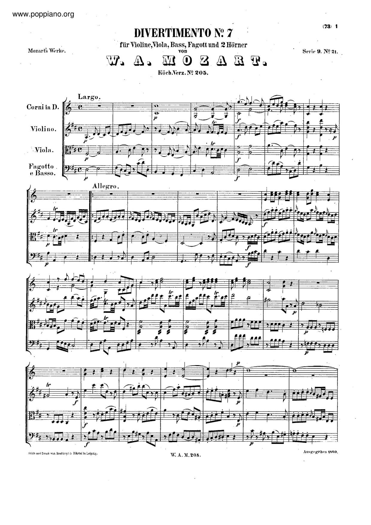 Divertimento In D, K. 205/167A Score