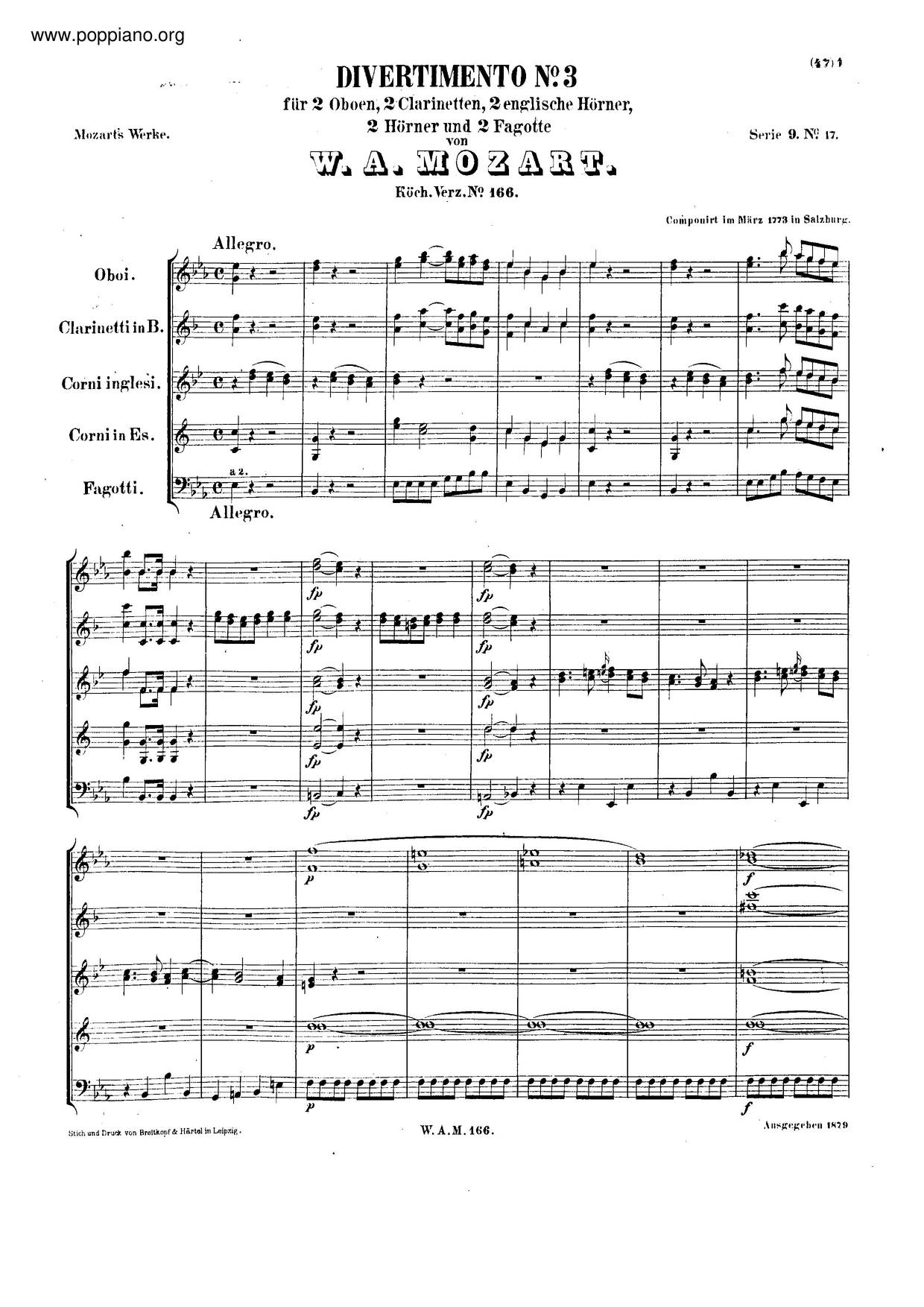 Divertimento In E-Flat Major, K. 166/159D Score