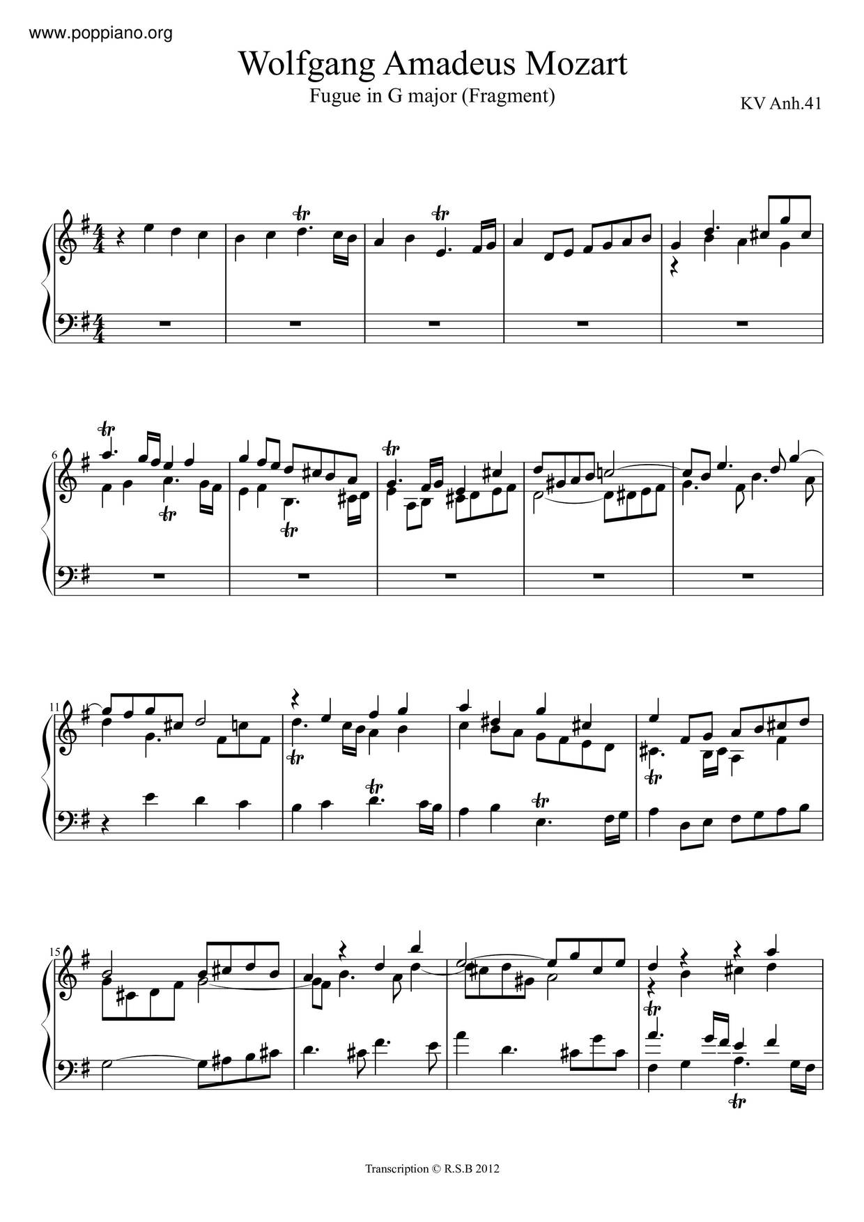 Fugue In G Major, K. Anh. 41/375G Score
