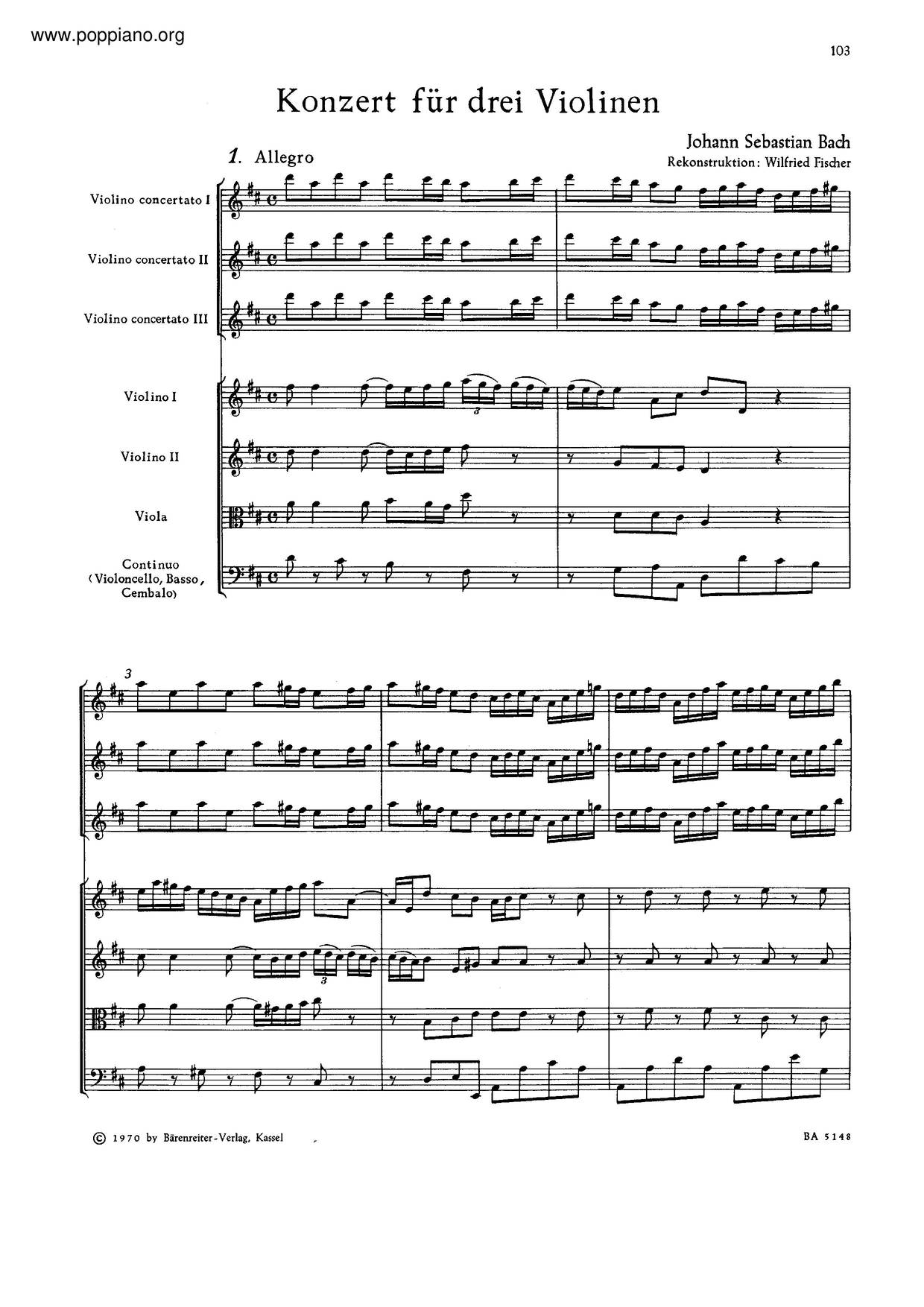 Concerto For 3 Violins In D Major, BWV 1064R Score