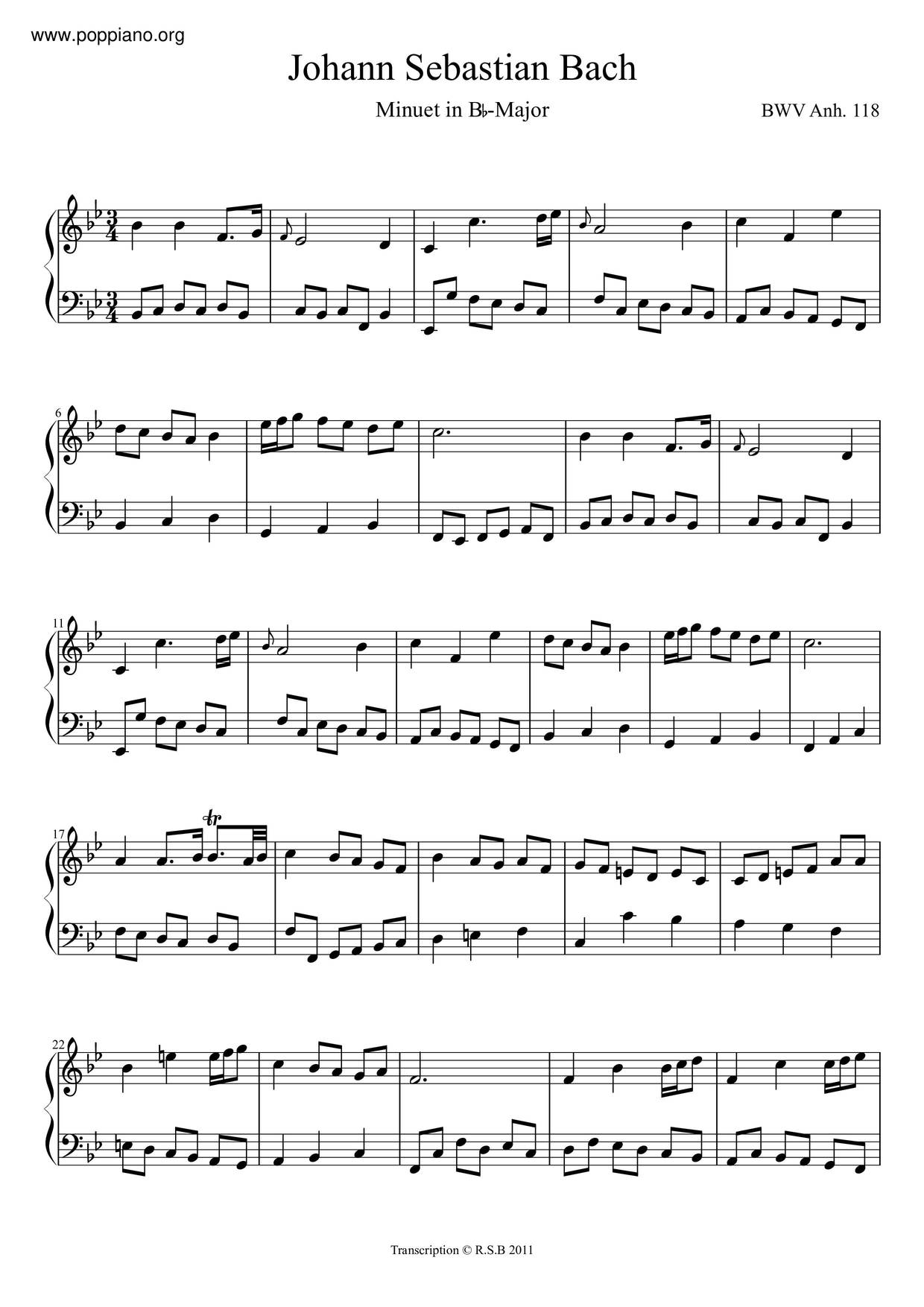 Minuet In B-Flat Major, BWV Anh. 118 Score