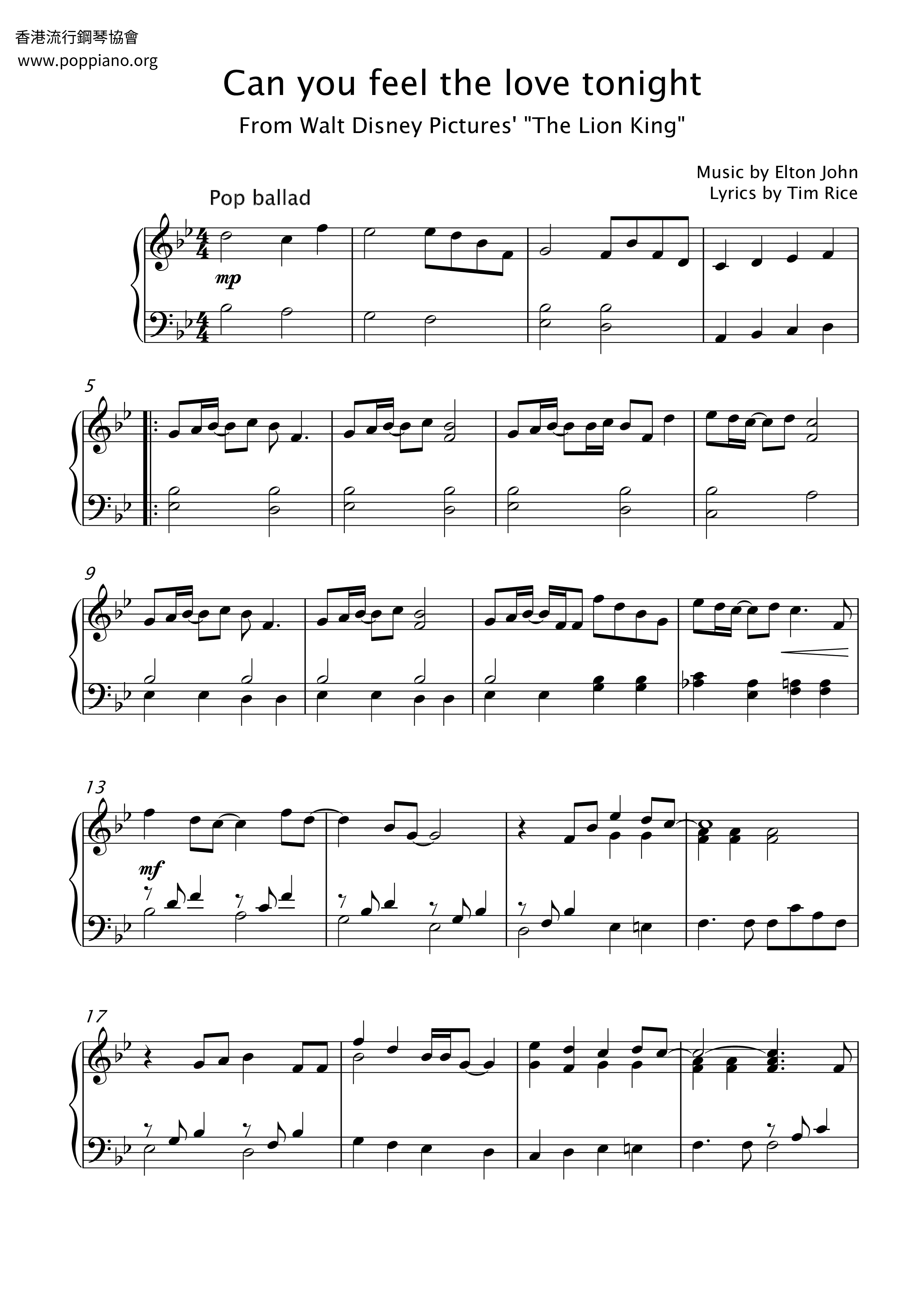 The Lion King - Can You Feel The Love Tonight Score