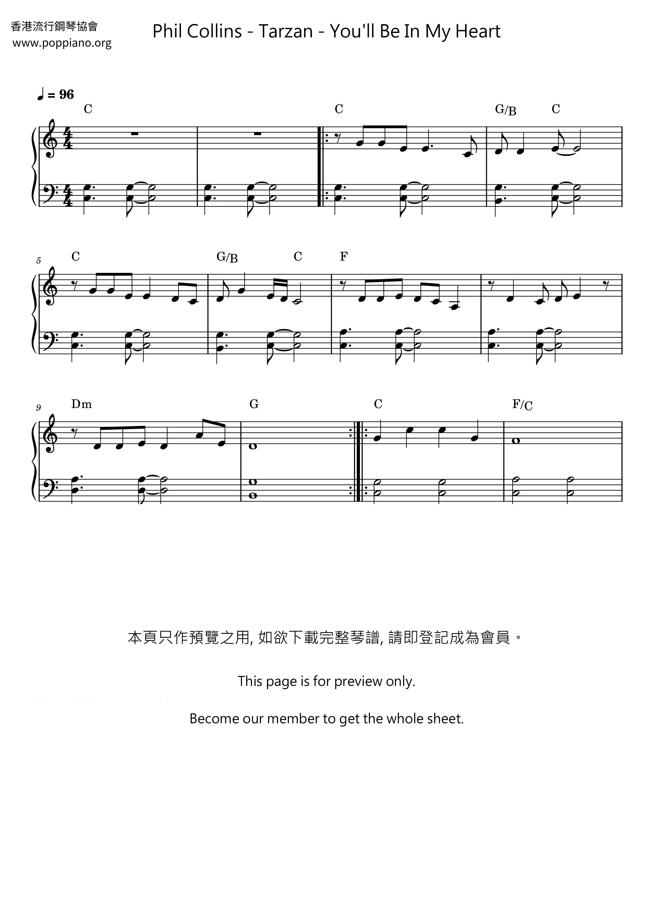 Tarzan - You'll Be In My Heart Score