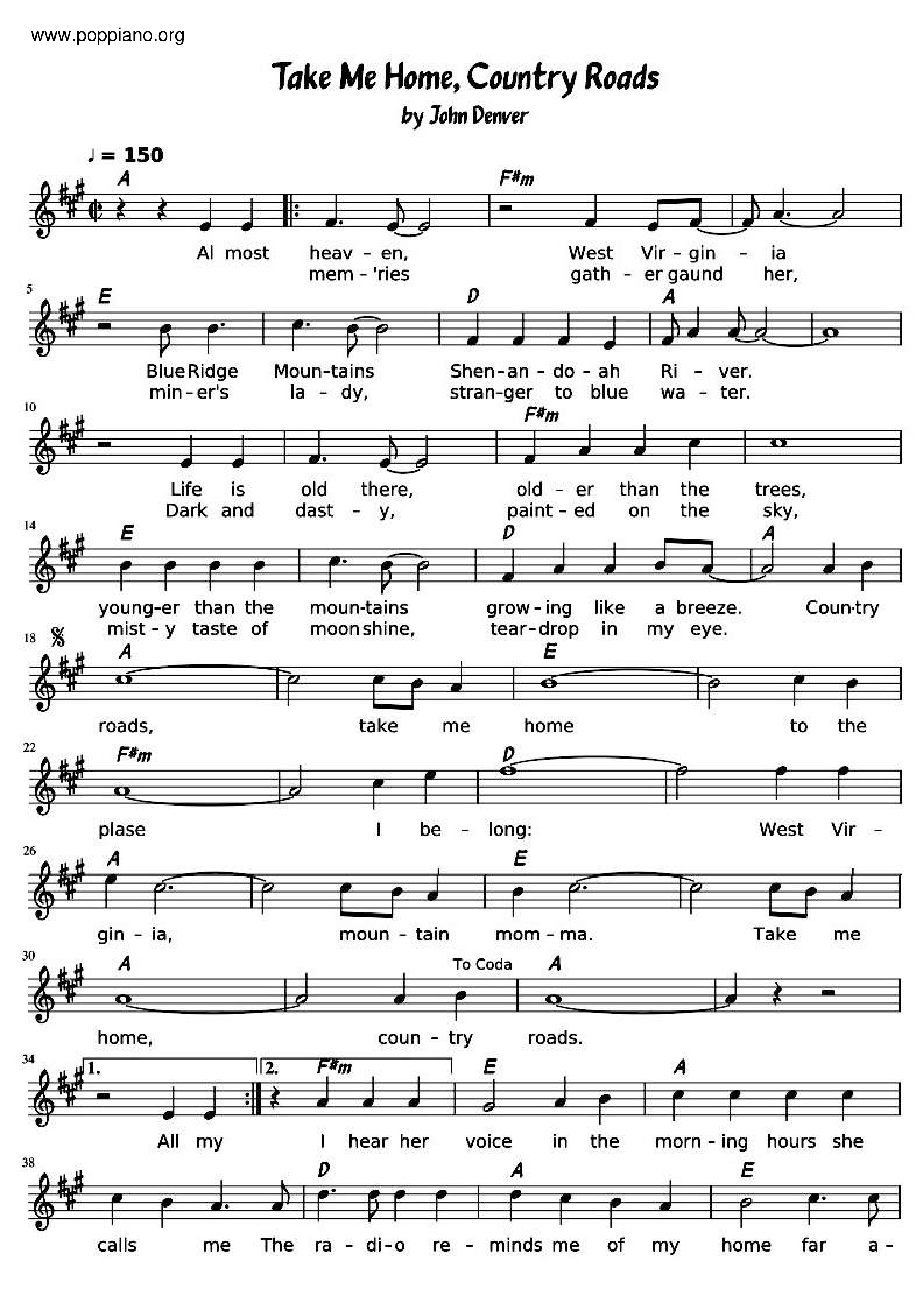 Take Me Home, Country Roads Score
