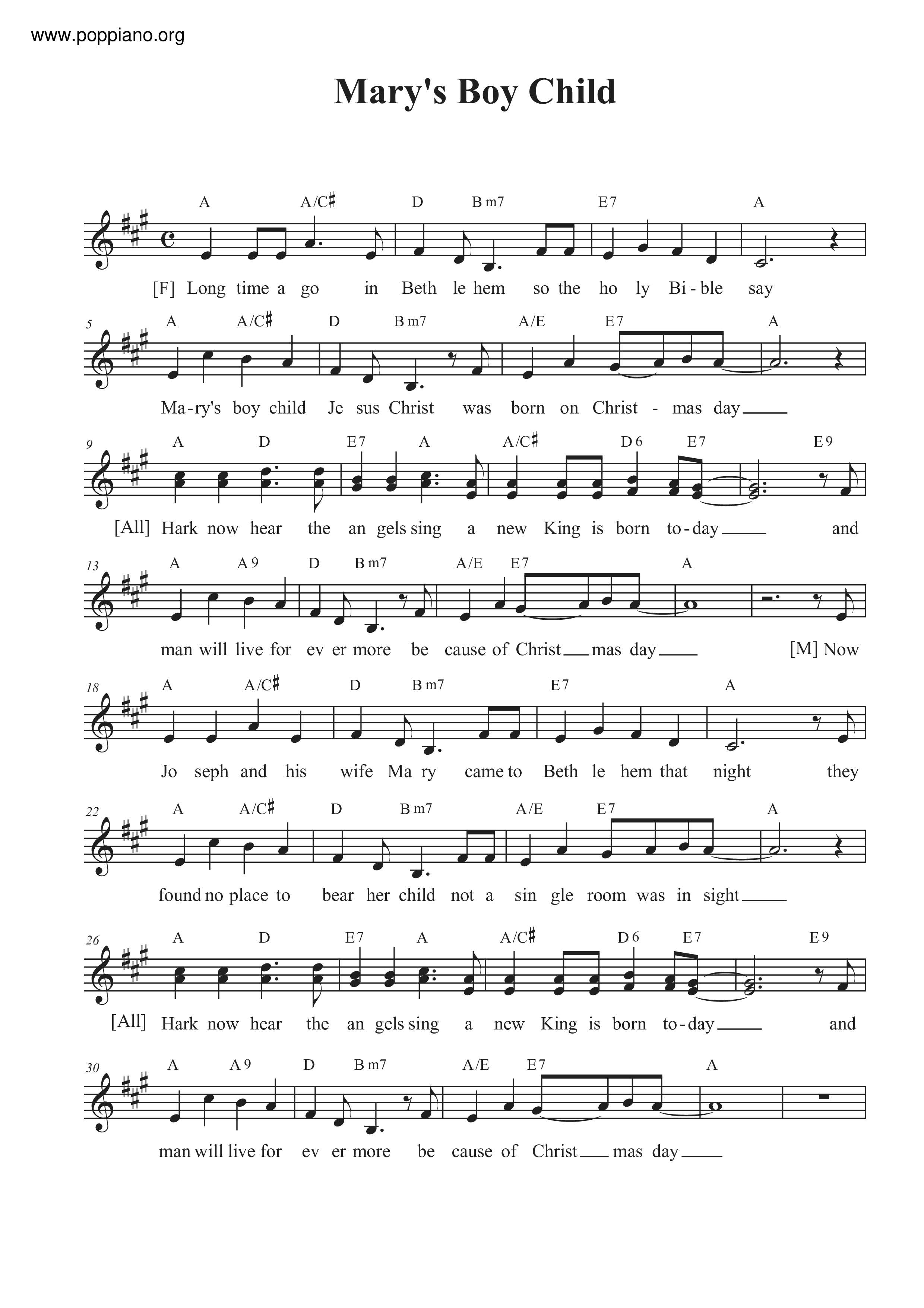 Mary's Boy Child Score