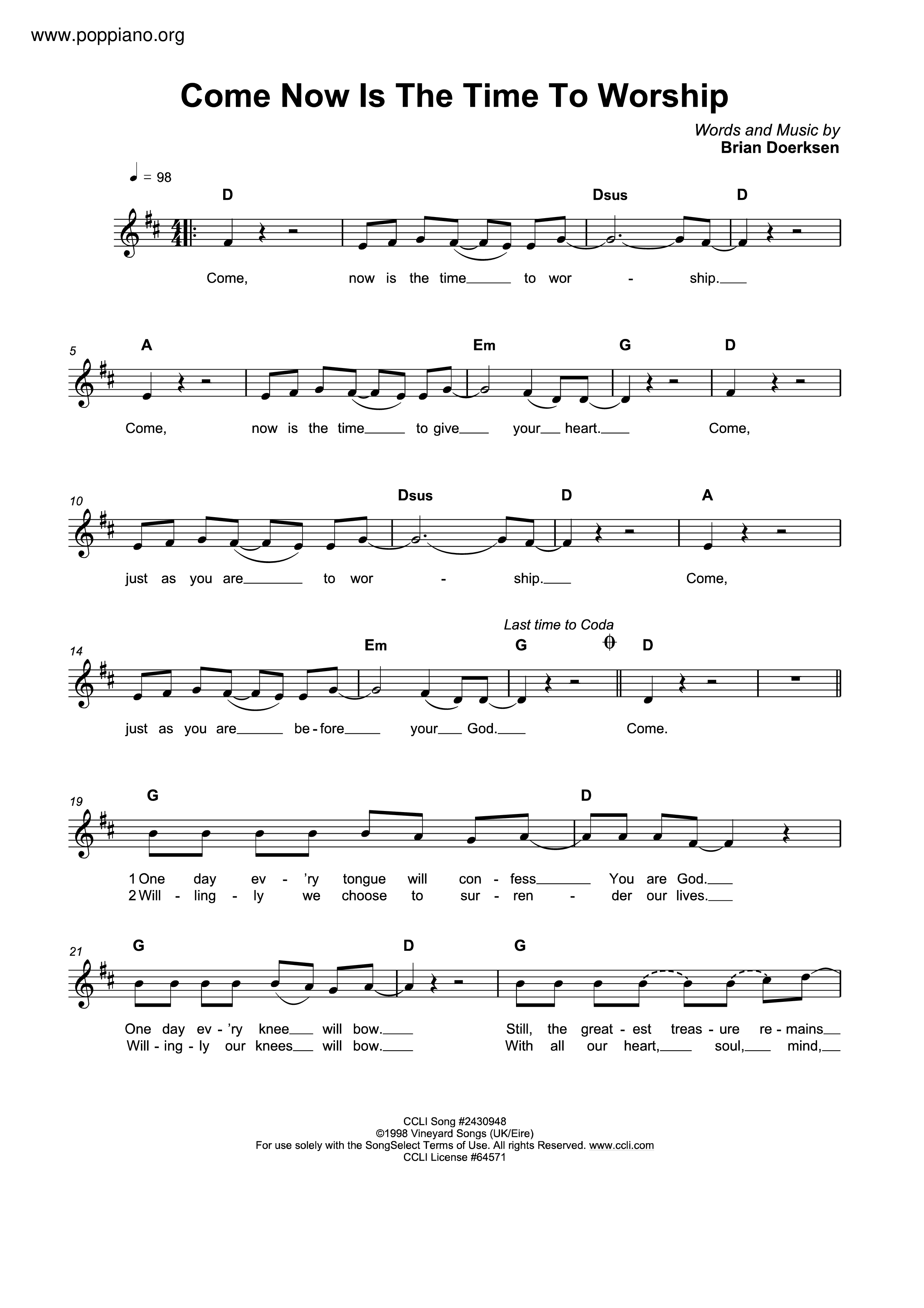 Come Now Is The Time To Worship Score