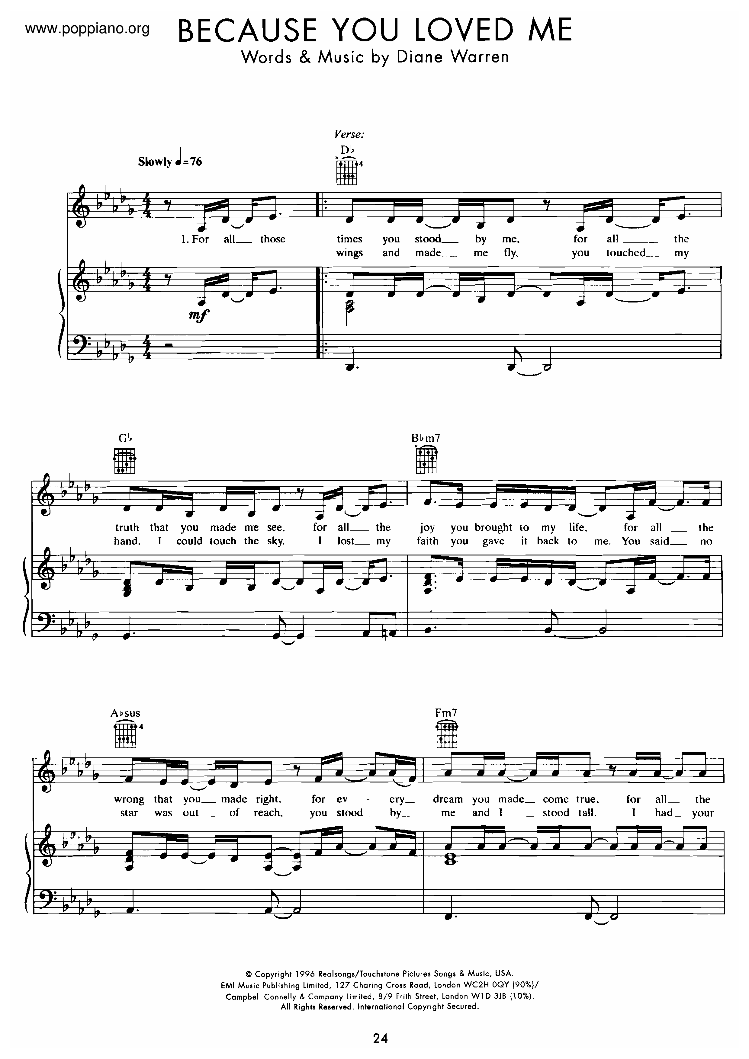 Because You Loved Me Score