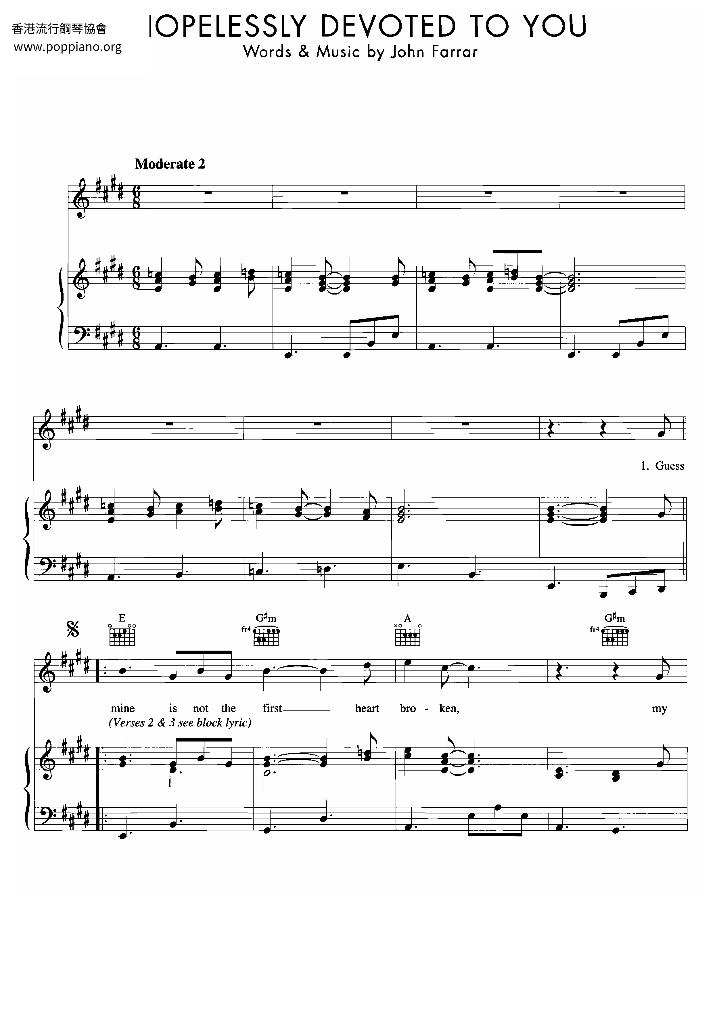 Olivia NewtonJohnHopelessly Devoted To You From Grease Sheet Music