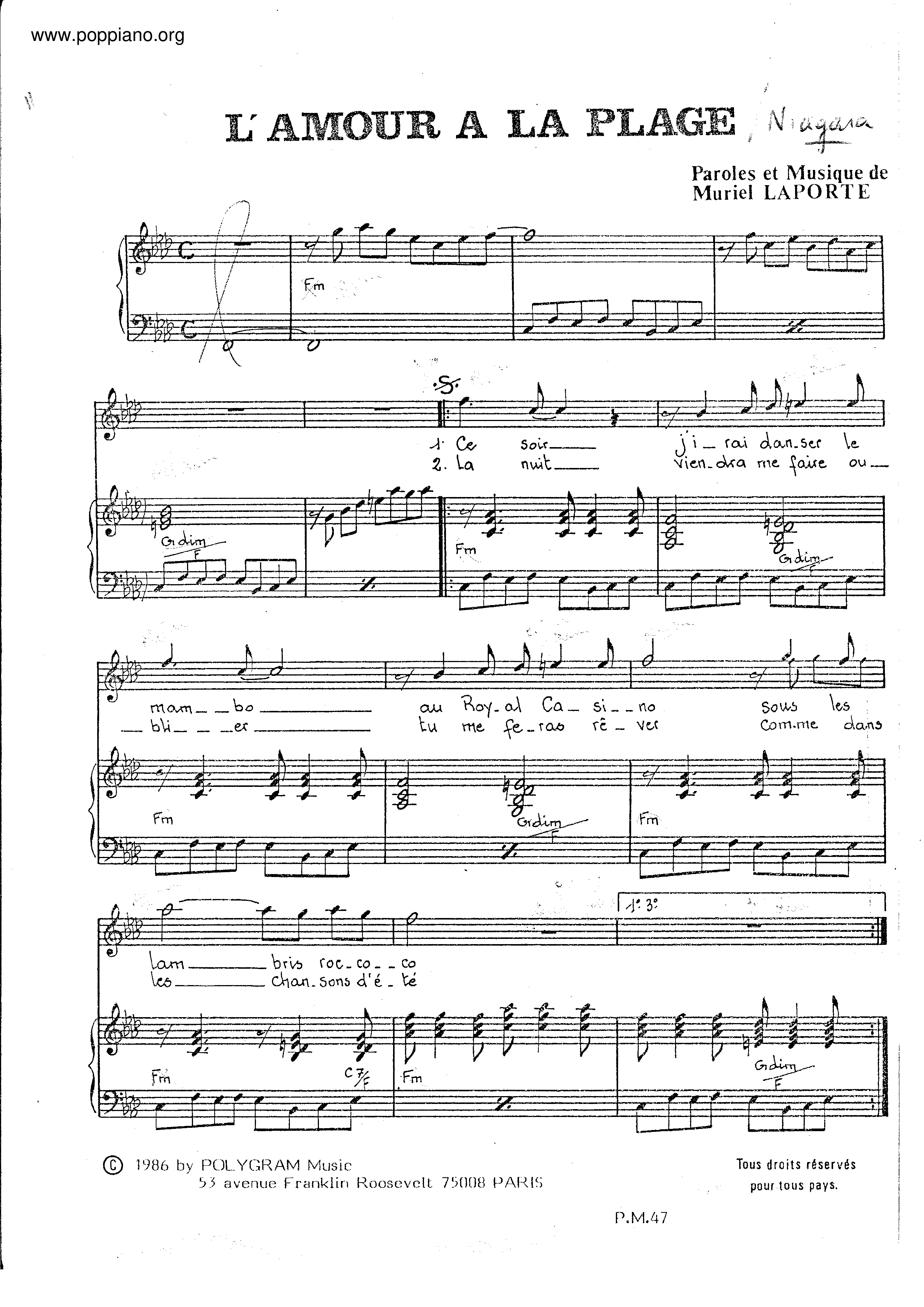 L'amour À La Plage Score