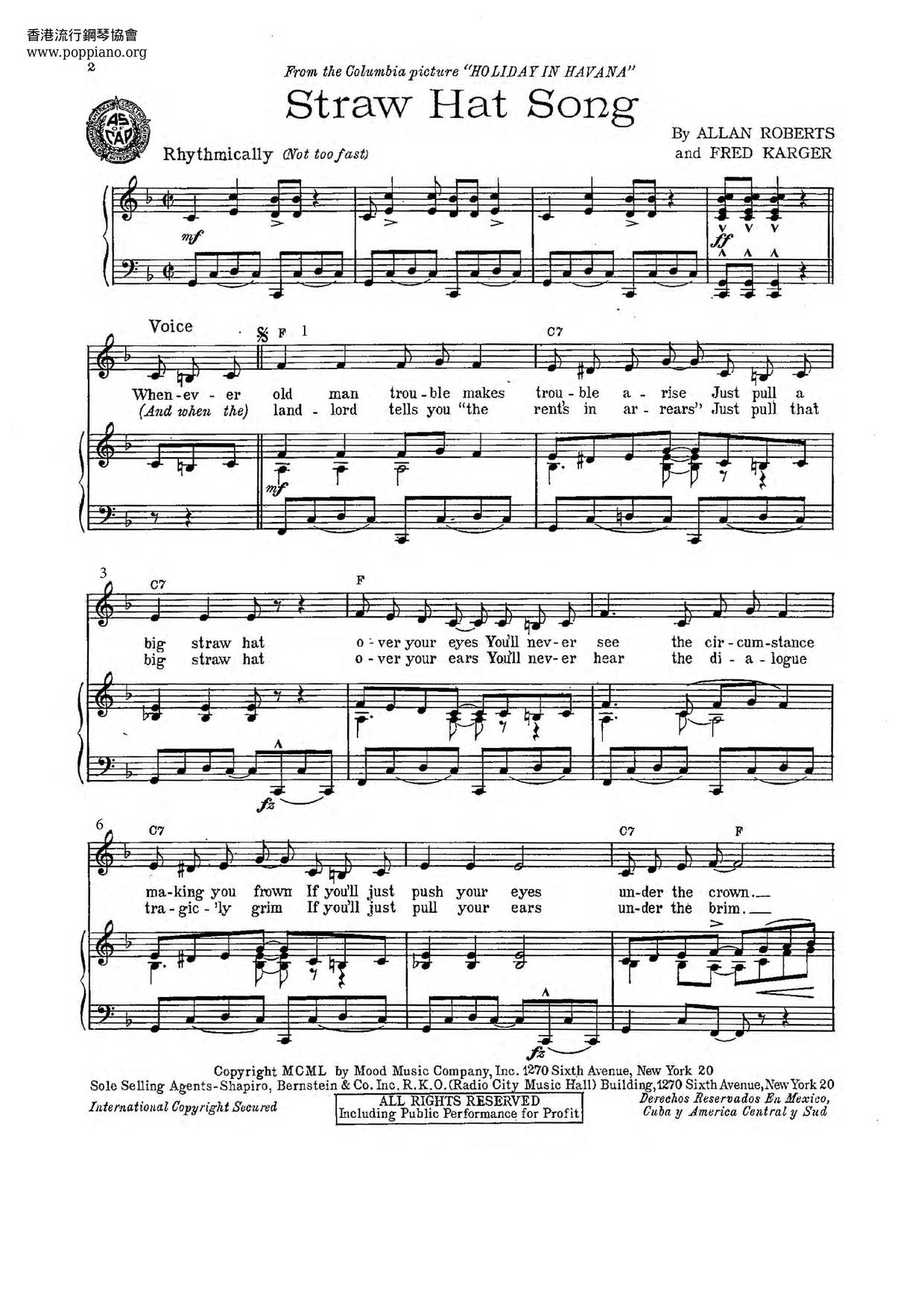 Desi ArnazThe Straw Hat Song Sheet Music pdf, Free Score Download ★