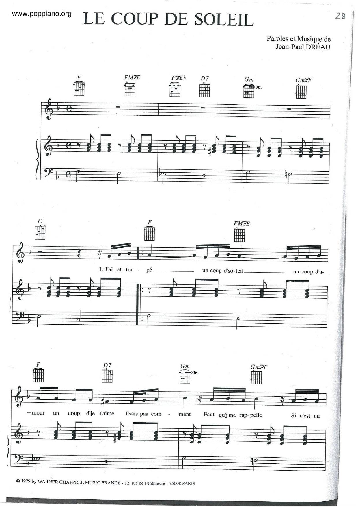 Richard Cocciante-Le Coup De Soleil Sheet Music pdf, - Free Score ...