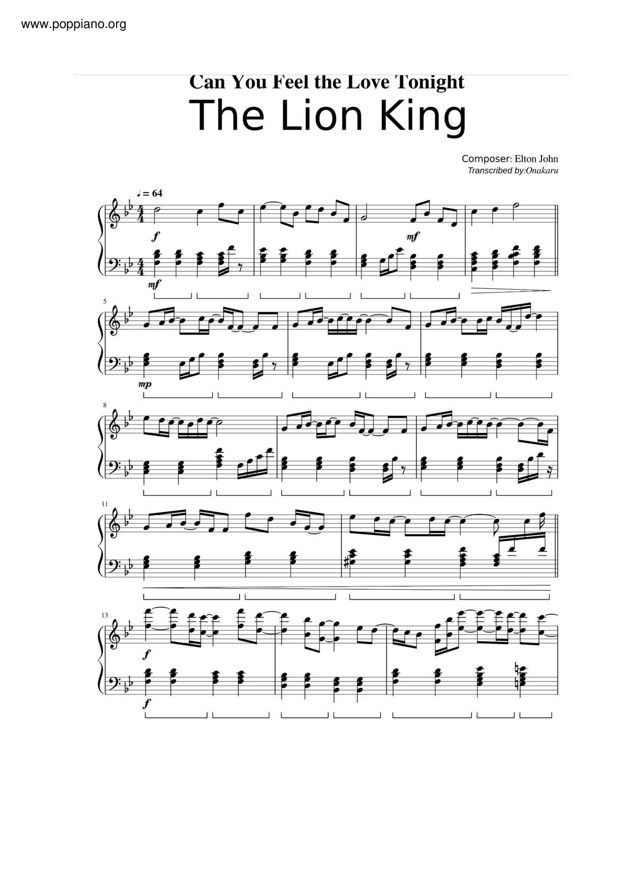 The Lion King - Can You Feel The Love Tonight Score