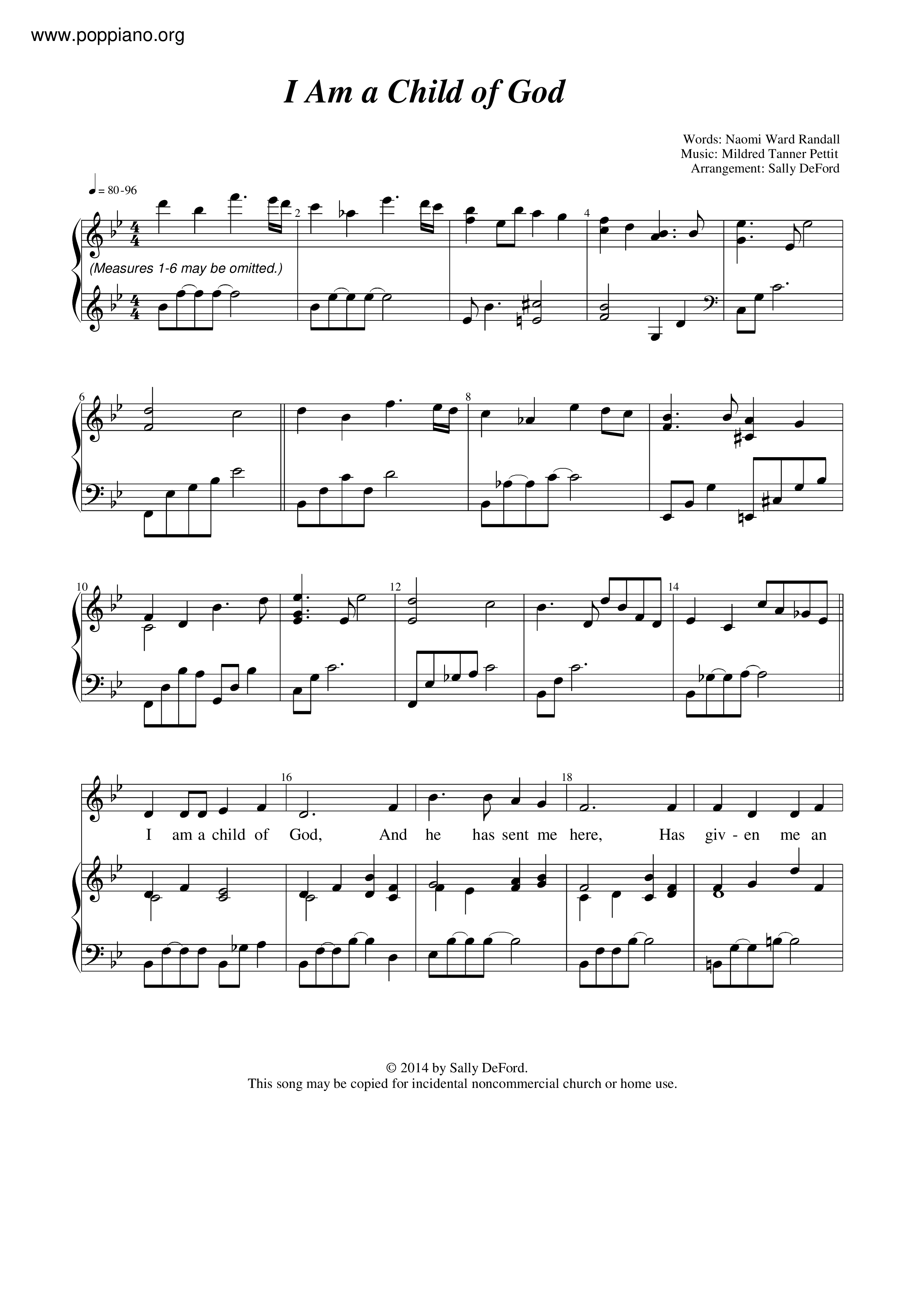 I Am A Child Of God Score