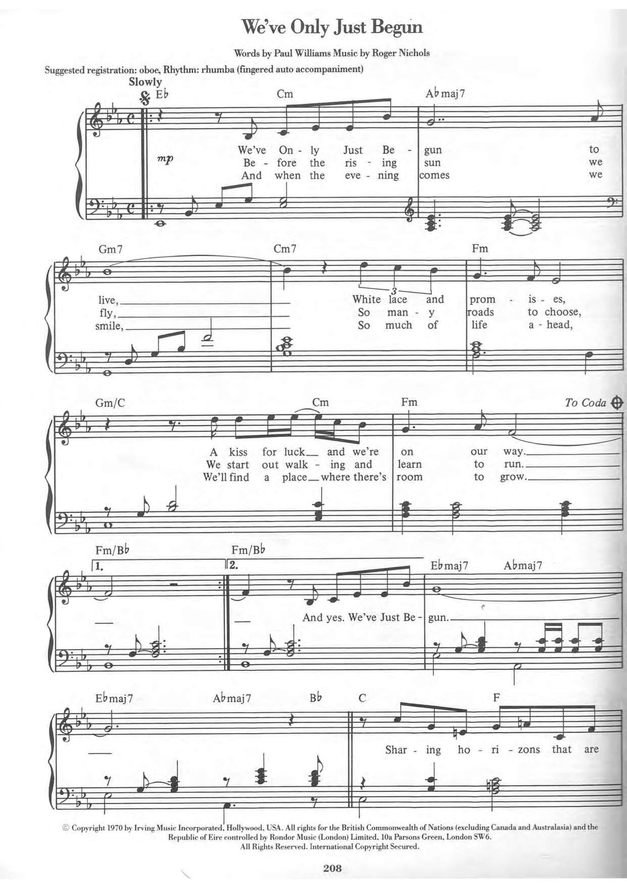 We've Only Just Begun Score