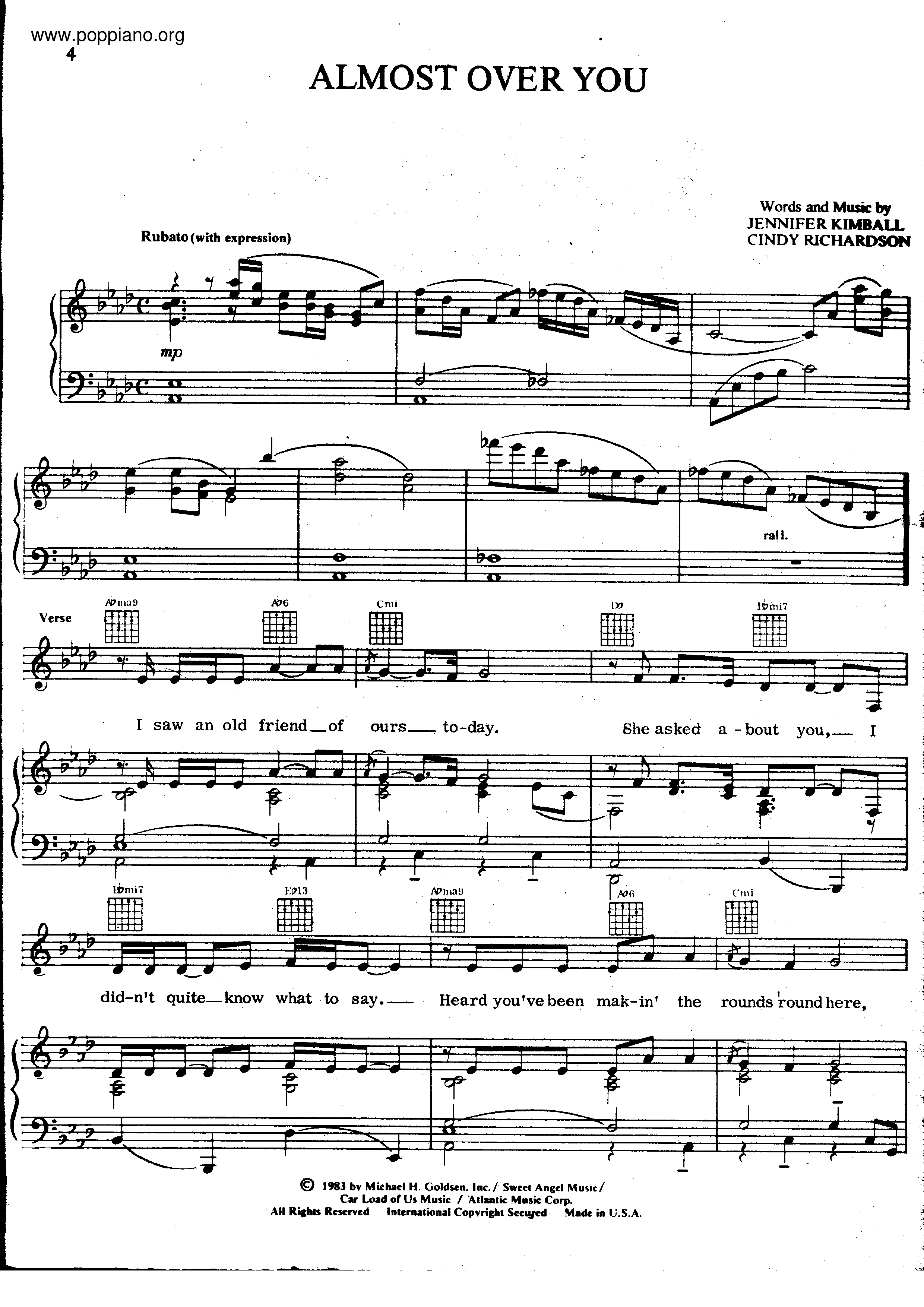Almost Over You Score