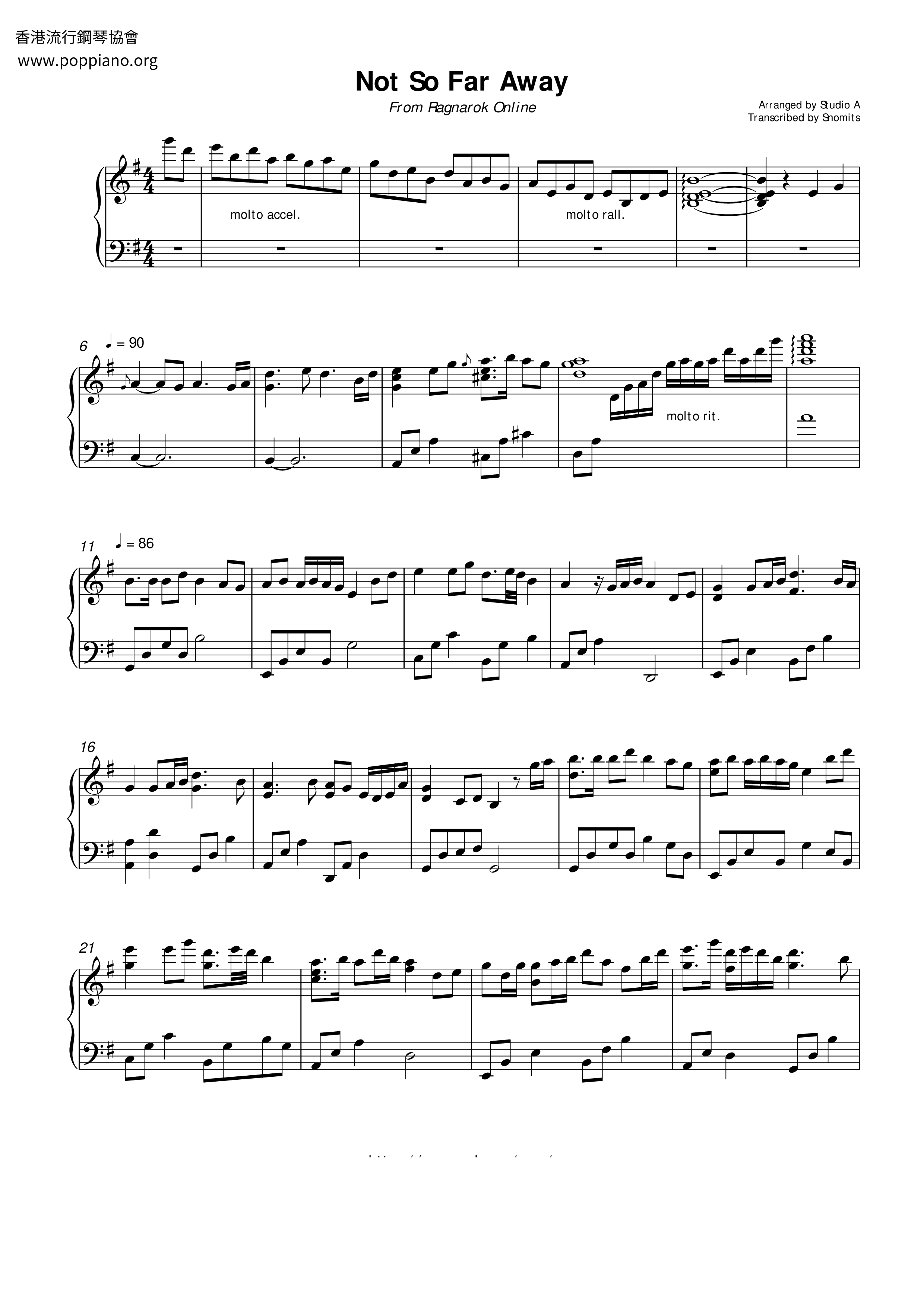 Not So Far Away Score