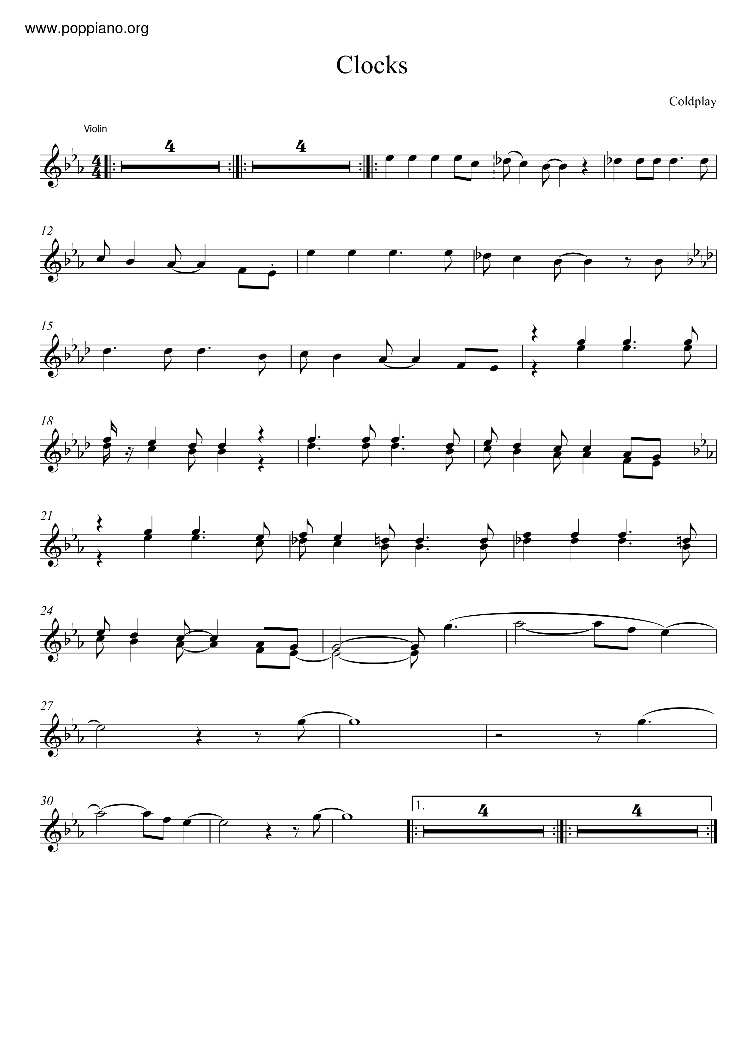 ColdplayClocks Violin Score pdf, Free Score Download ★