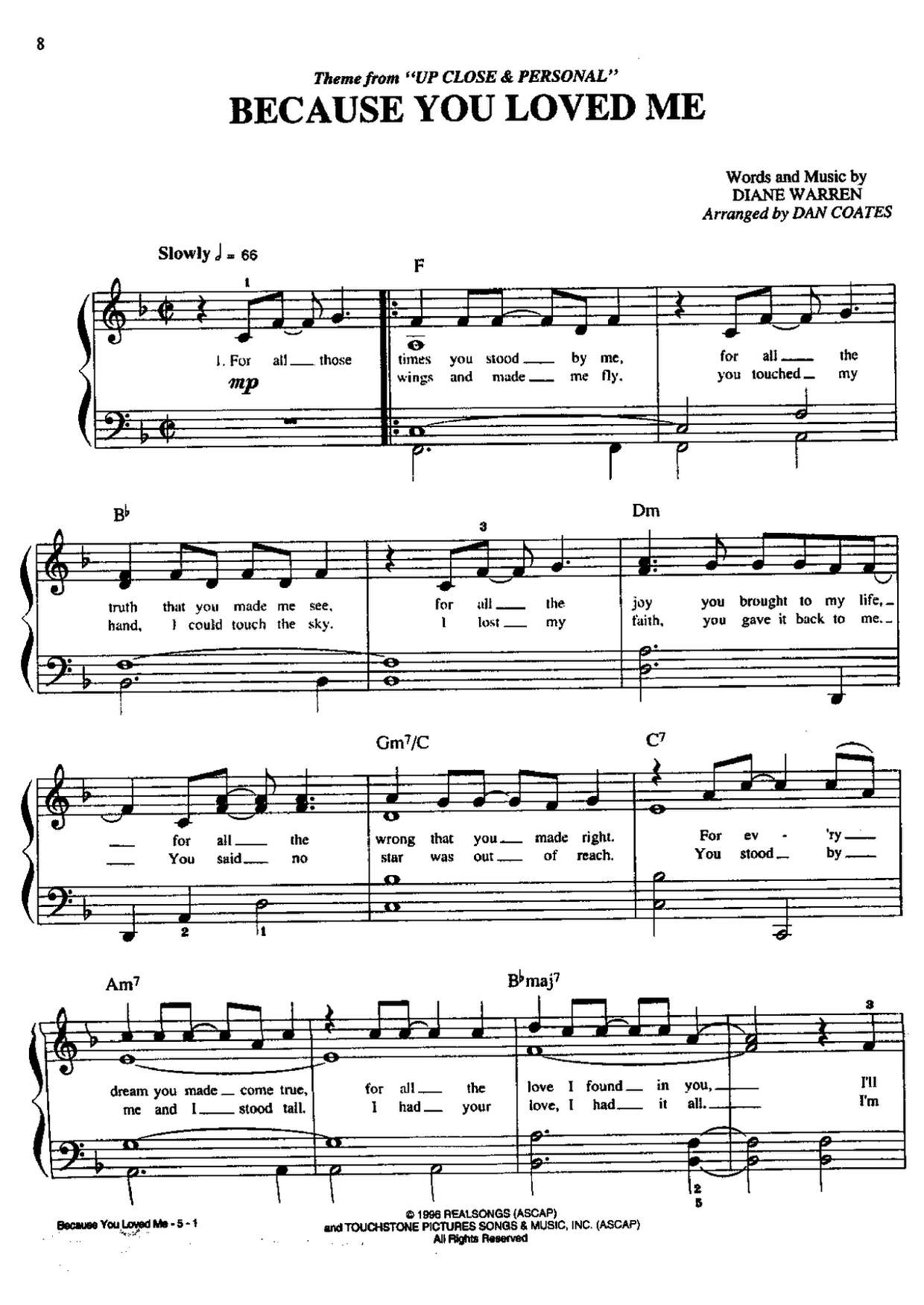 Because You Loved Me (Theme from Up Close and Personal) Score